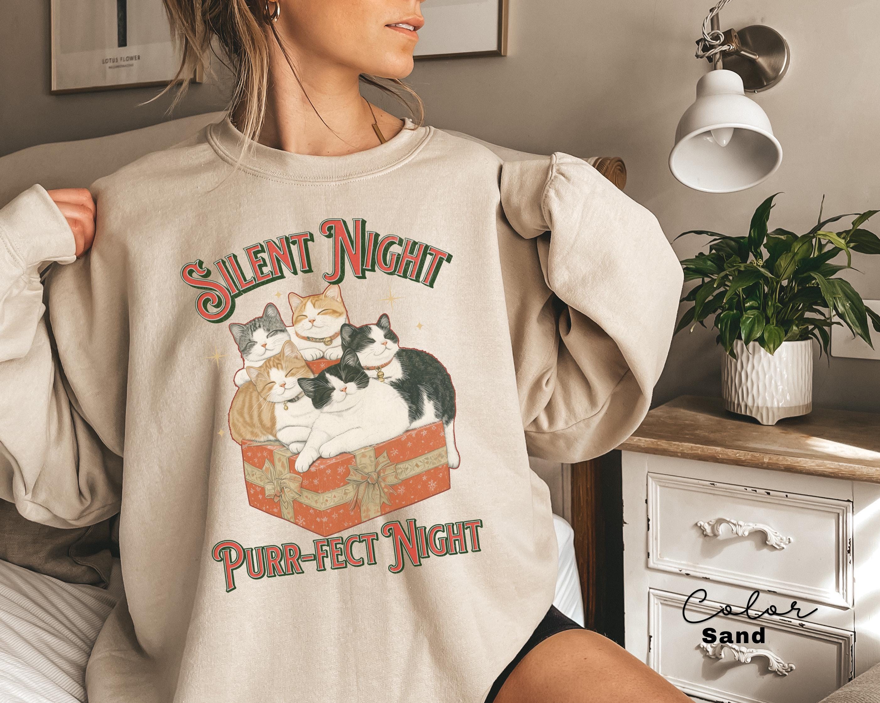 Meowy Christmas Cat Sweatshirt, Silent Night Purrfect Night, Happy Cat Year Shirt,Funny Christmas Cat Shirt, Cat Lover Gift, Cat Xmas