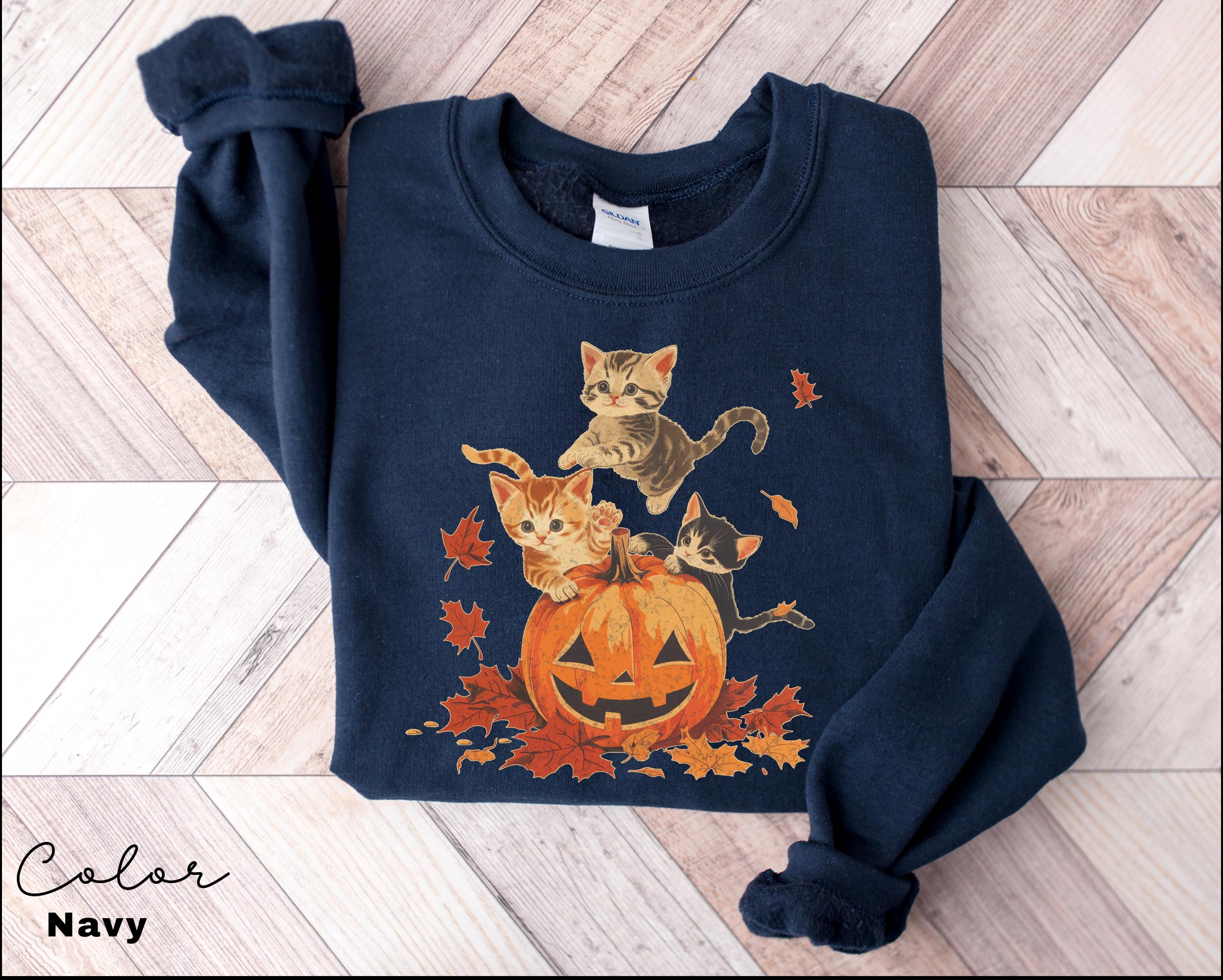 Vintage 90s Cat Halloween Sweatshirt, Retro Halloween Shirt, Spooky Season Tee, Pumpkin Shirt, Cat Lover Shirt, Black Cat, Spooky Season