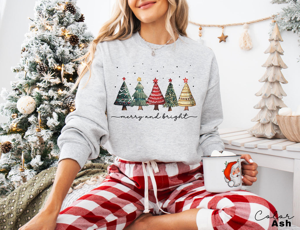 Merry and Bright Christmas Trees Sweatshirt, Christmas Sweatshirt, Holiday Sweater, Womens Holiday Sweatshirt, Christmas Shirt, Winter Shirt