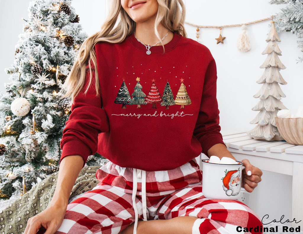 Merry and Bright Christmas Trees Sweatshirt, Christmas Sweatshirt, Holiday Sweater, Womens Holiday Sweatshirt, Christmas Shirt, Winter Shirt