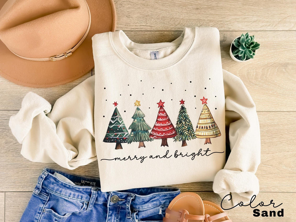 Merry and Bright Christmas Trees Sweatshirt, Christmas Sweatshirt, Holiday Sweater, Womens Holiday Sweatshirt, Christmas Shirt, Winter Shirt