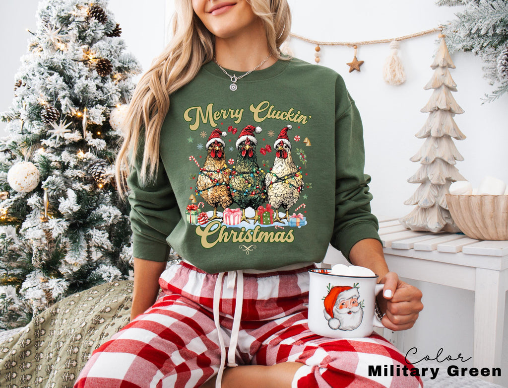 Сute Christmas Chickens Sweatshirt, Funny Christmas Chicken Sweatshirt, Christmas Crewneck, Merry Cluckin Christmas Farm Country Sweatshirt