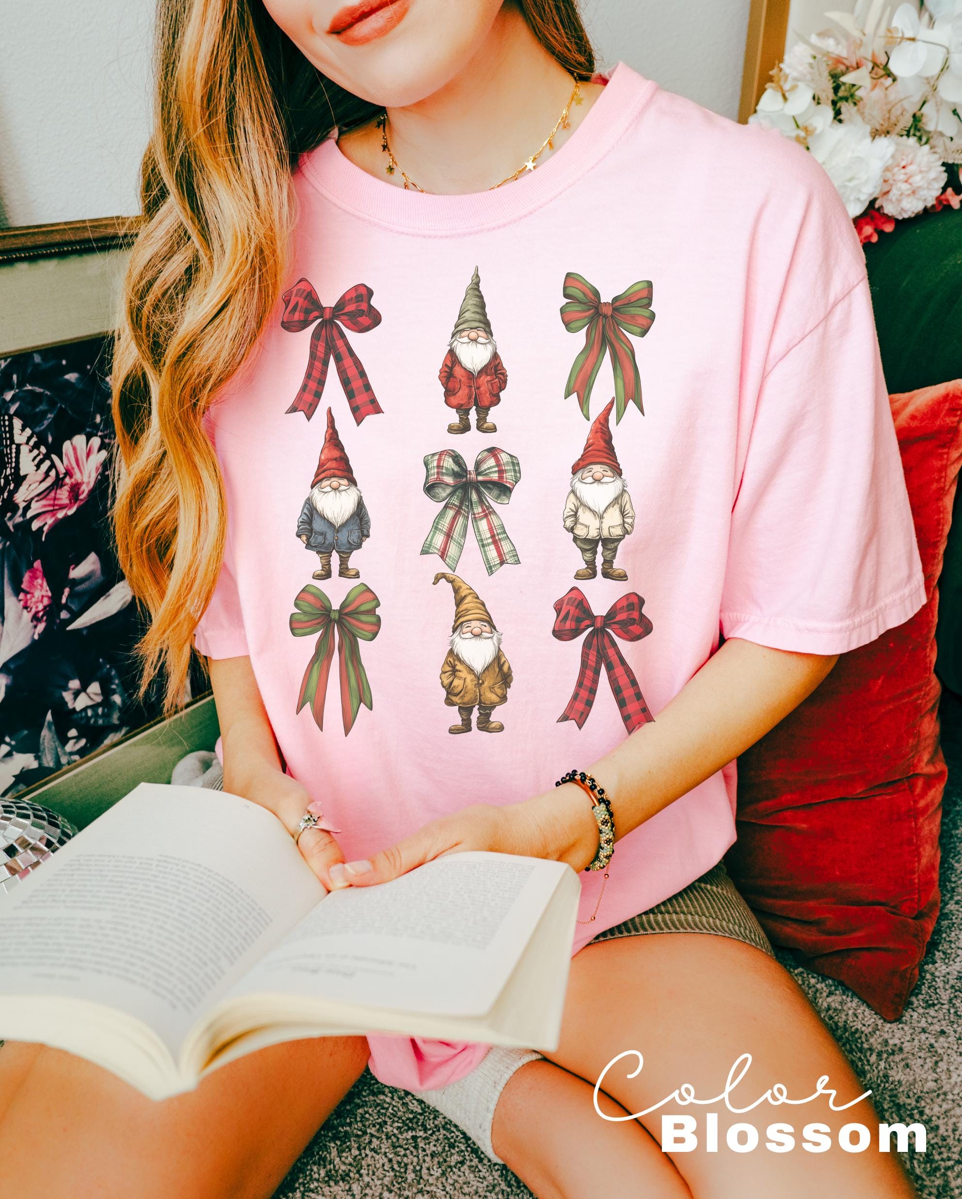 Coquette Christmas Bow Shirt, Gnome Christmas Shirt, Holiday Shirt, Cute Winter Shirt, Women's Holiday Party Shirt, Retro Christmas,
