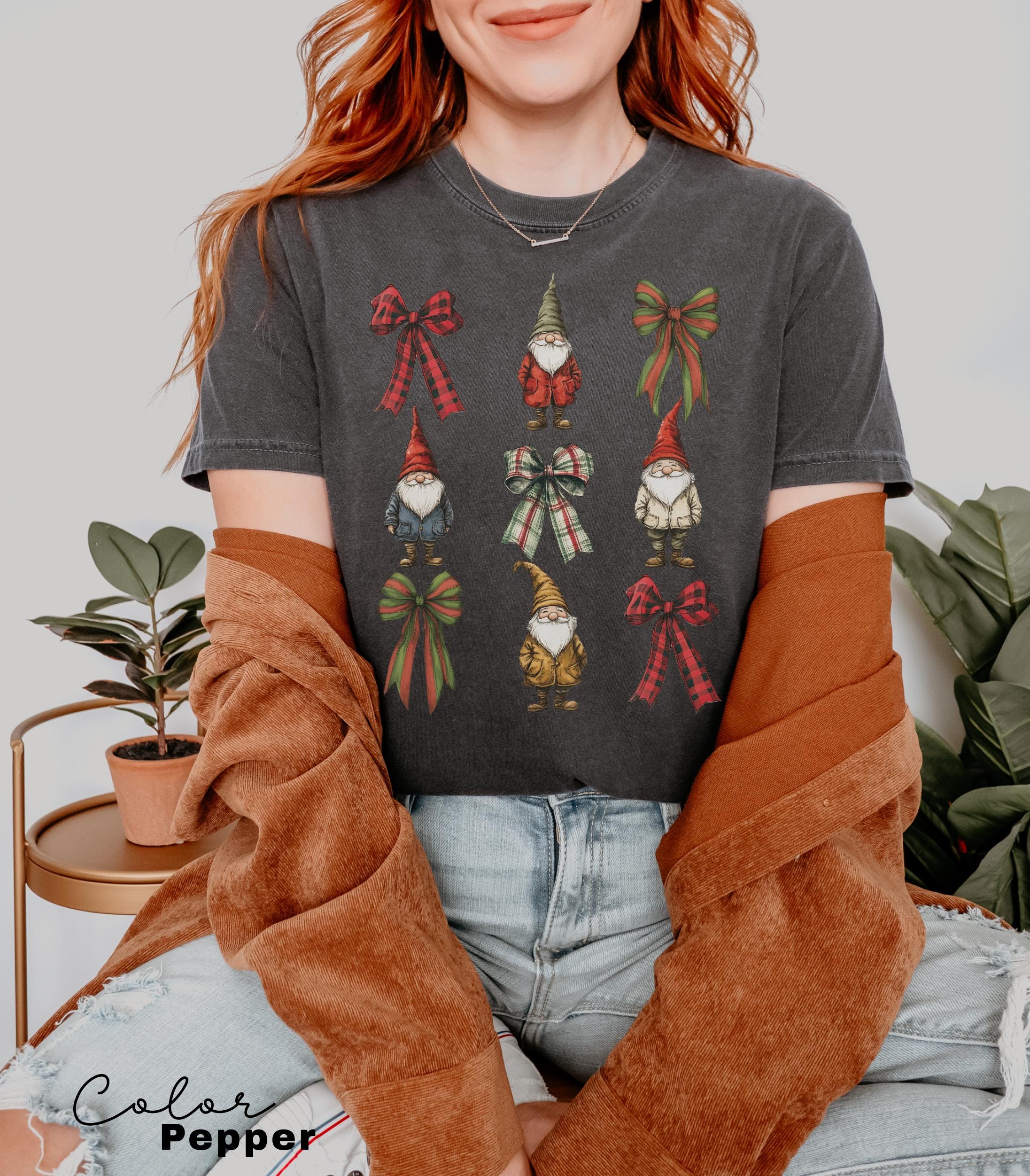 Coquette Christmas Bow Shirt, Gnome Christmas Shirt, Holiday Shirt, Cute Winter Shirt, Women's Holiday Party Shirt, Retro Christmas,