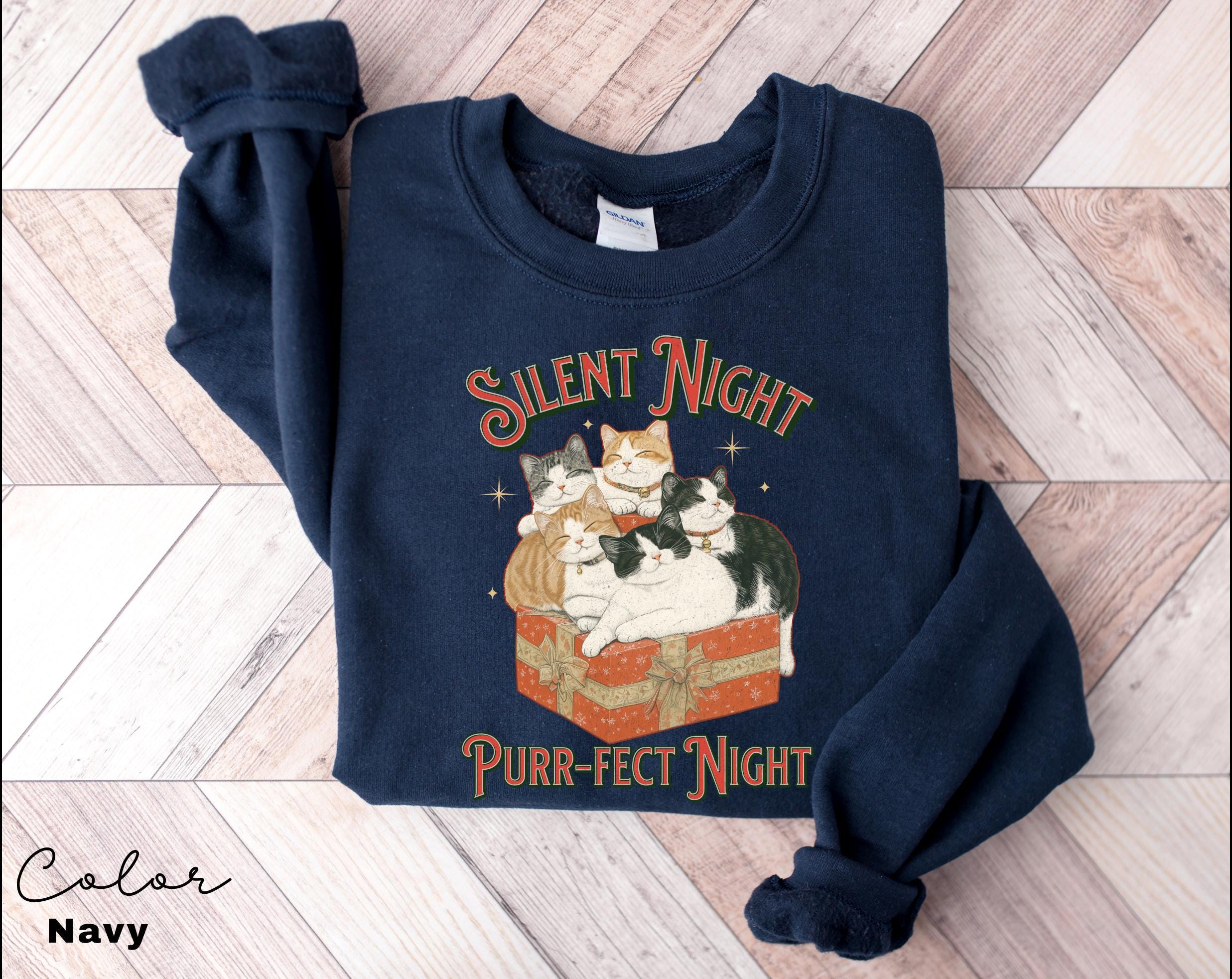 Meowy Christmas Cat Sweatshirt, Silent Night Purrfect Night, Happy Cat Year Shirt,Funny Christmas Cat Shirt, Cat Lover Gift, Cat Xmas
