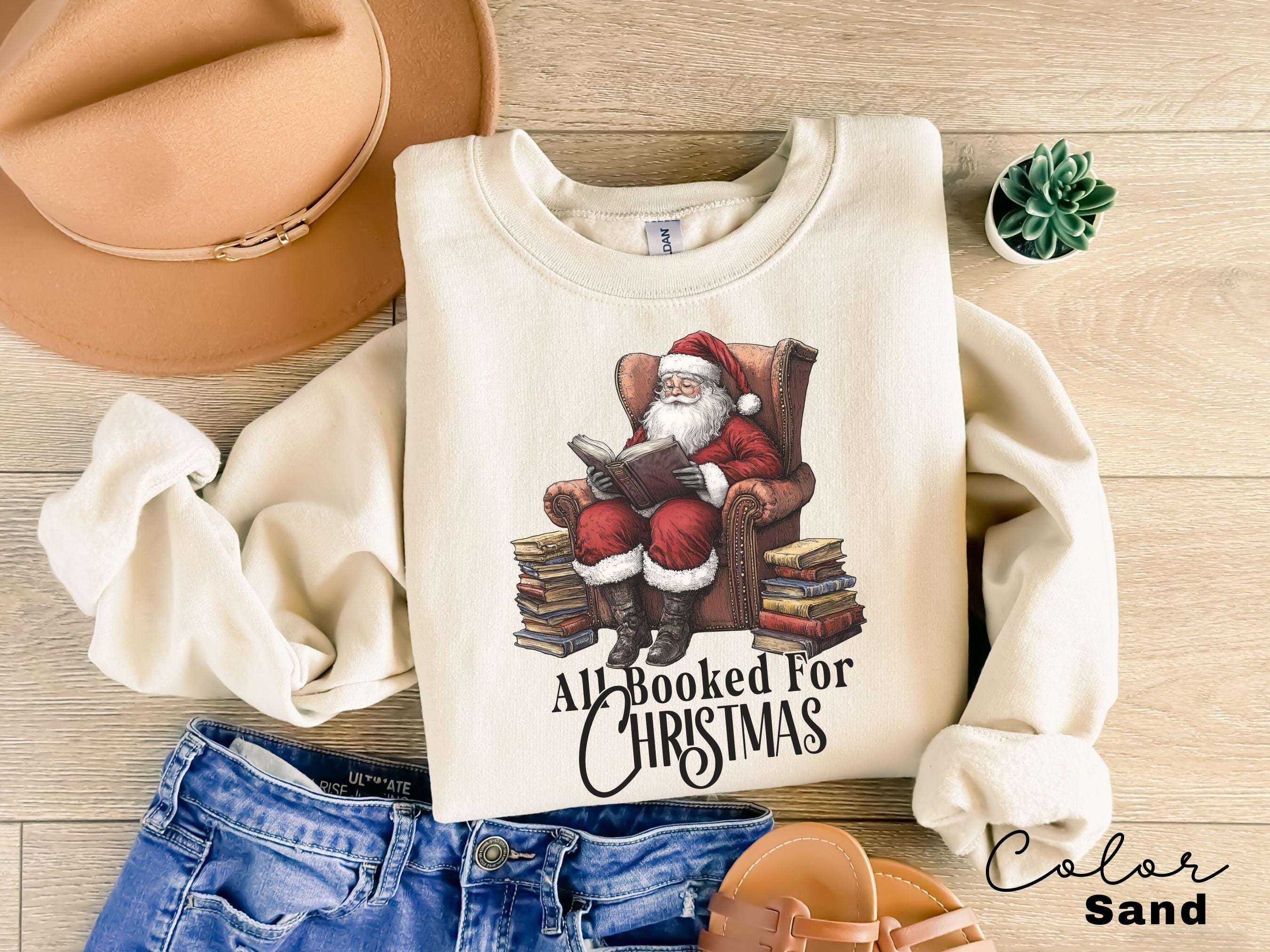 All Booked For Christmas Sweatshirt, Vintage Santa Crewneck, Retro Santa, Gift for Book Lover, Gift For Teachers, Librarian Teacher Bookish