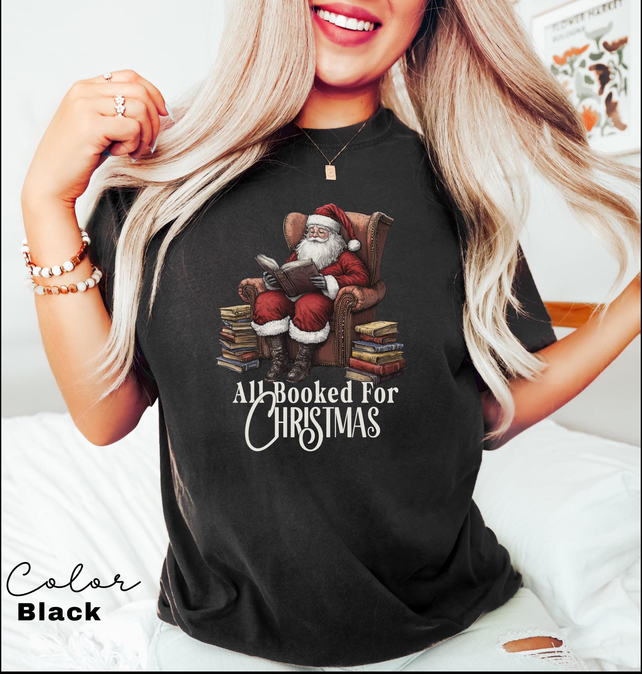 All Booked For Christmas Sweatshirt, Gift for Book Lover, Vintage Santa Clause, Retro Santa, Gift For Teachers, Librarian Teacher Bookish