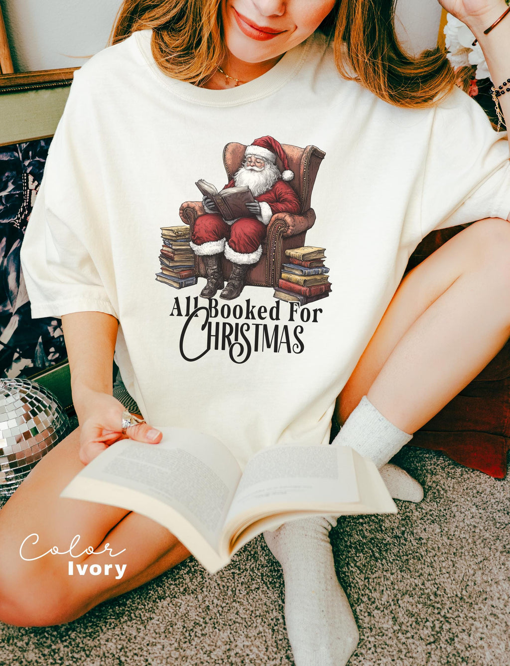 All Booked For Christmas Sweatshirt, Gift for Book Lover, Vintage Santa Clause, Retro Santa, Gift For Teachers, Librarian Teacher Bookish