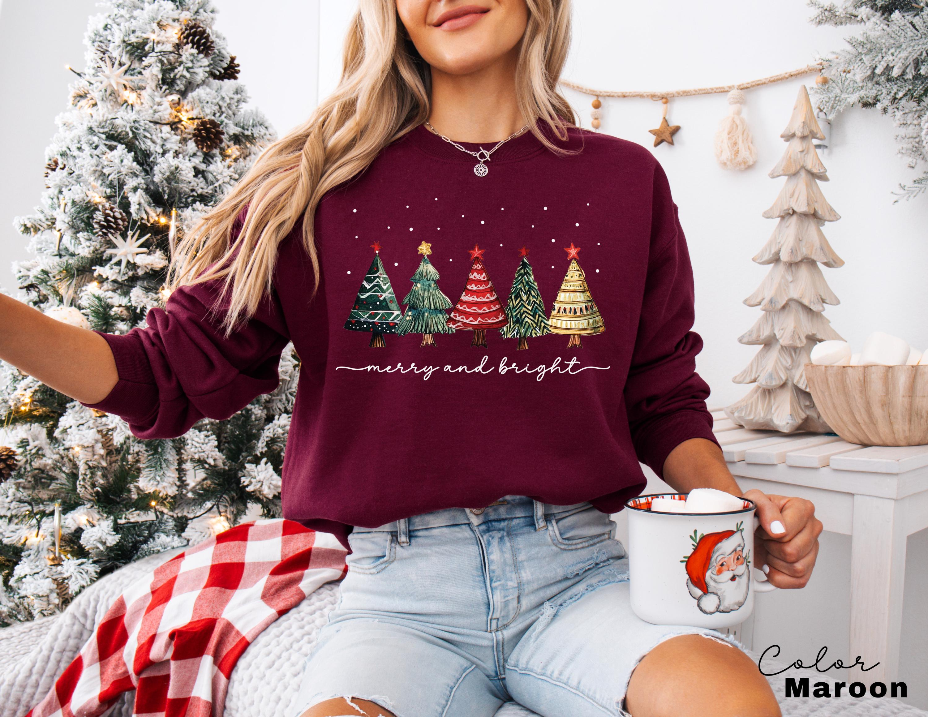 Merry and Bright Christmas Trees Sweatshirt, Christmas Sweatshirt, Holiday Sweater, Womens Holiday Sweatshirt, Christmas Shirt, Winter Shirt