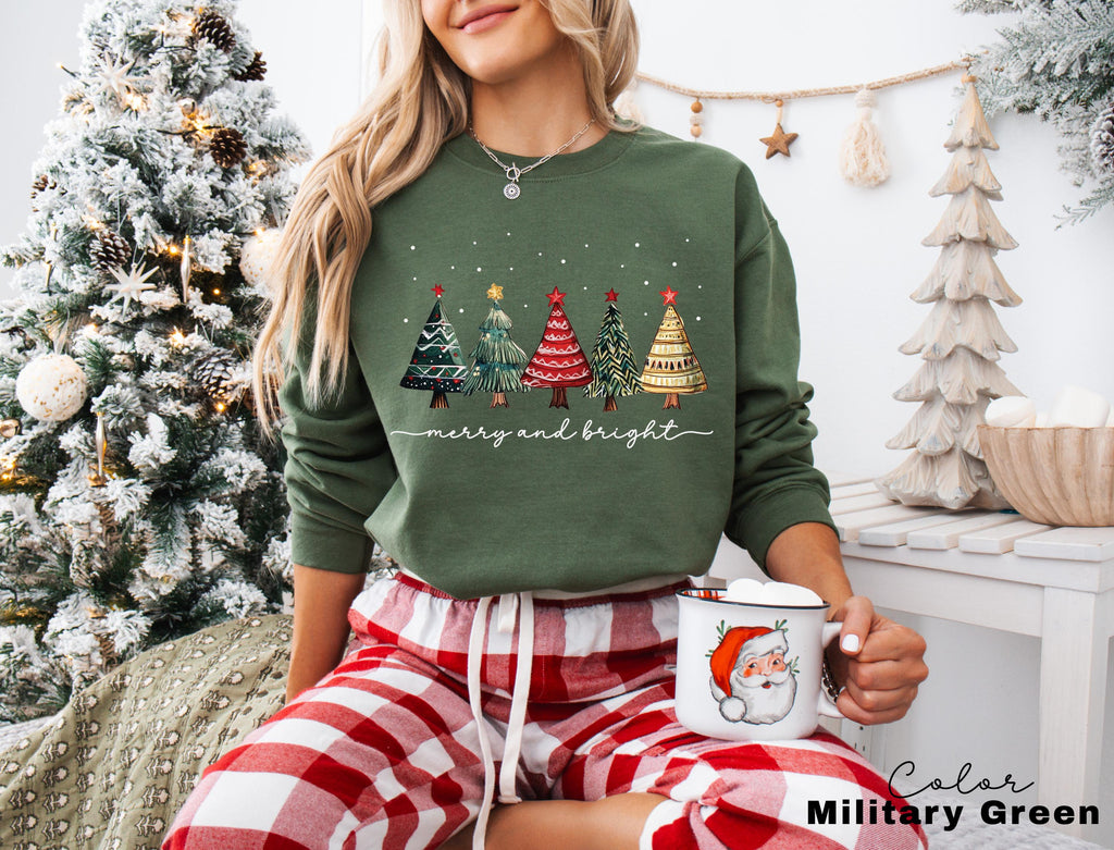 Merry and Bright Christmas Trees Sweatshirt, Christmas Sweatshirt, Holiday Sweater, Womens Holiday Sweatshirt, Christmas Shirt, Winter Shirt