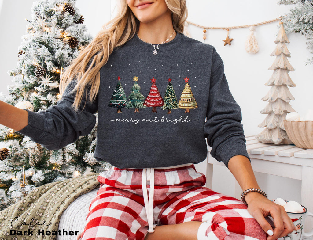 Merry and Bright Christmas Trees Sweatshirt, Christmas Sweatshirt, Holiday Sweater, Womens Holiday Sweatshirt, Christmas Shirt, Winter Shirt