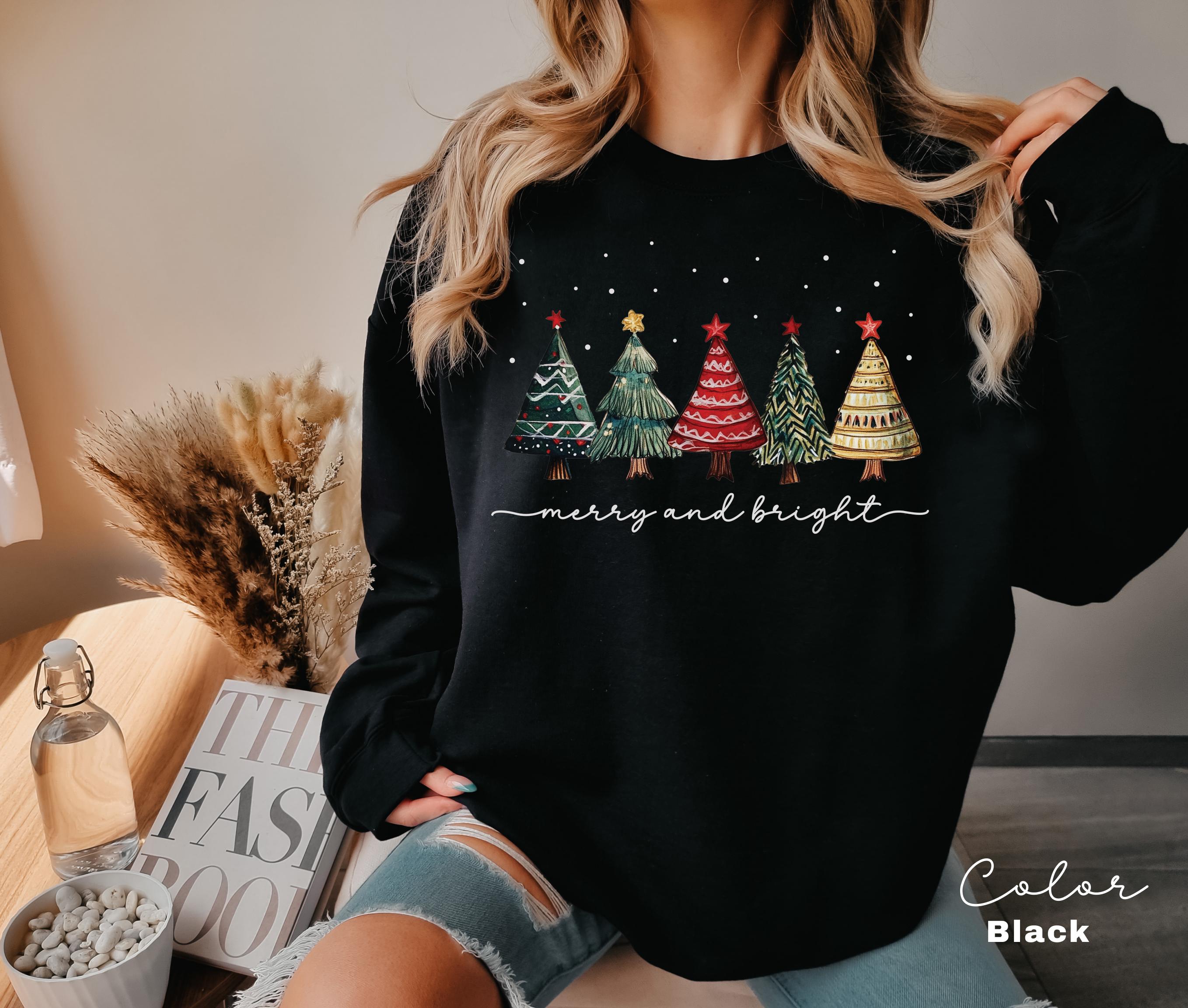 Merry and Bright Christmas Trees Sweatshirt, Christmas Sweatshirt, Holiday Sweater, Womens Holiday Sweatshirt, Christmas Shirt, Winter Shirt