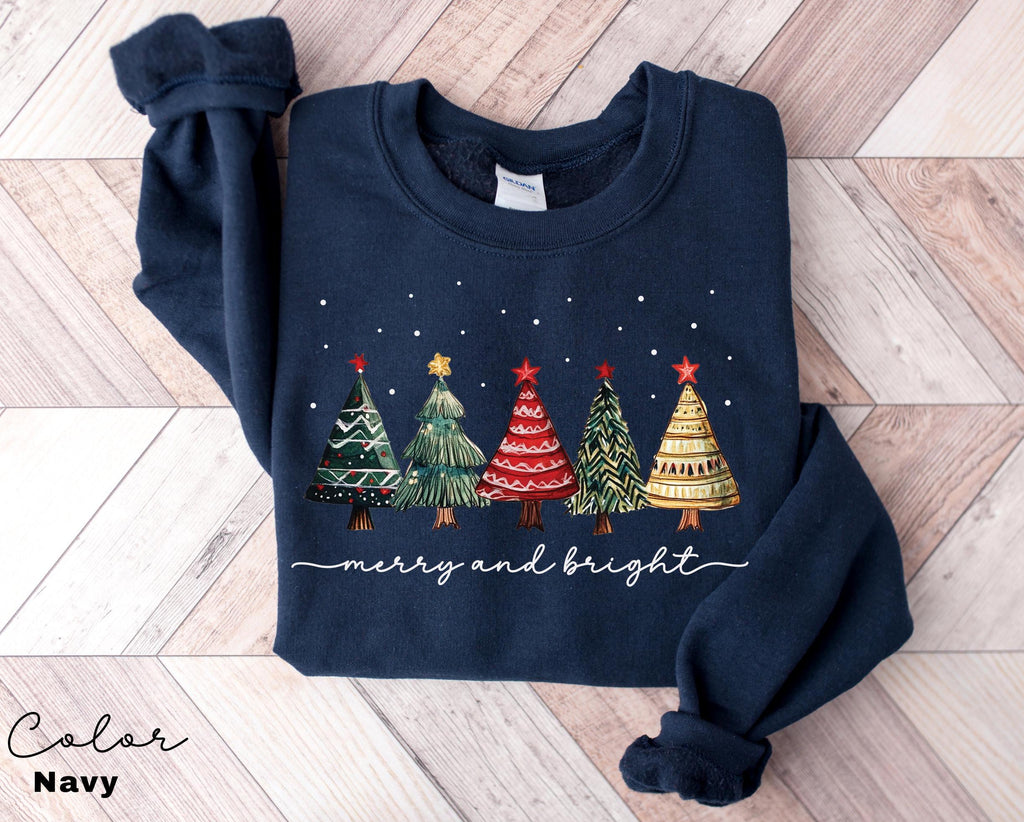 Merry and Bright Christmas Trees Sweatshirt, Christmas Sweatshirt, Holiday Sweater, Womens Holiday Sweatshirt, Christmas Shirt, Winter Shirt