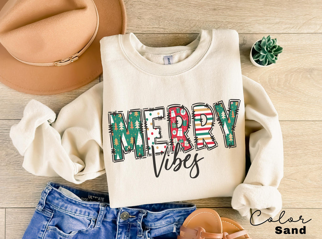 Merry Christmas Sweatshirt, Merry Vibes Crewneck, Oversized Holiday Sweatshirt, Merry and Bright, Christmas Party, Womens Christmas, Xmas