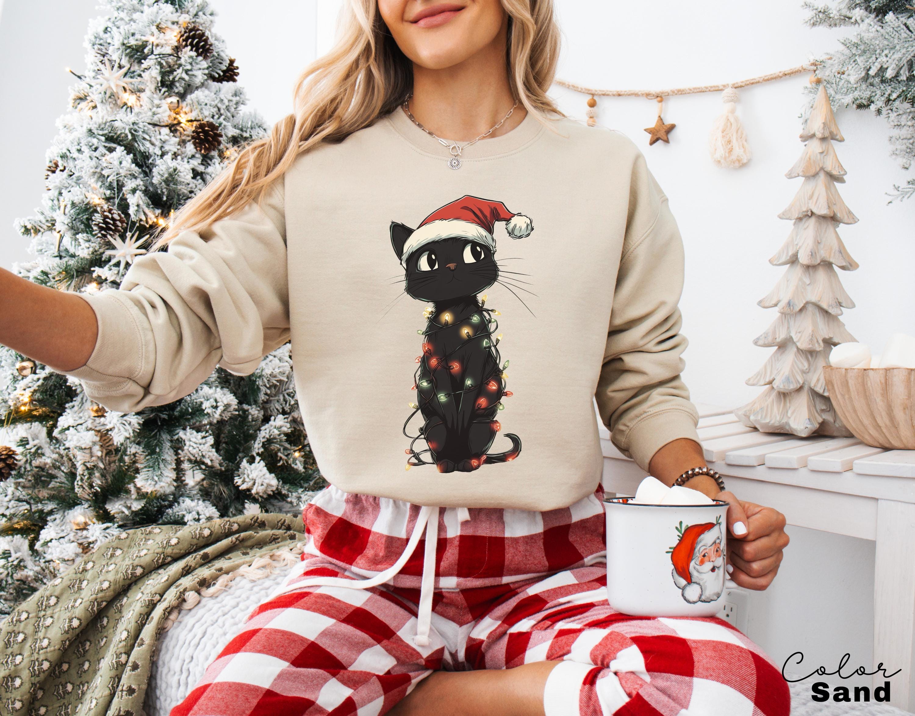 Black Cat Light Christmas Sweatshirt,Cat Christmas Hoodie, Christmas Cat Sweatshirt, Kitten Christmas Shirt, Cat Lover Gift, Cat Mom Sweater