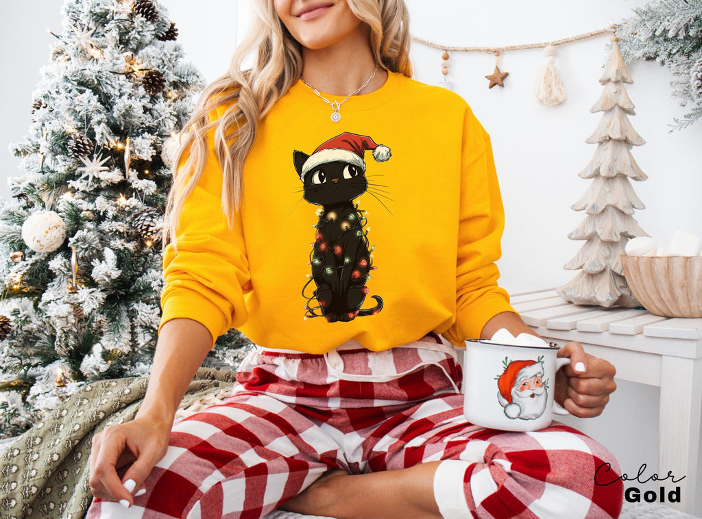 Black Cat Light Christmas Sweatshirt,Cat Christmas Hoodie, Christmas Cat Sweatshirt, Kitten Christmas Shirt, Cat Lover Gift, Cat Mom Sweater