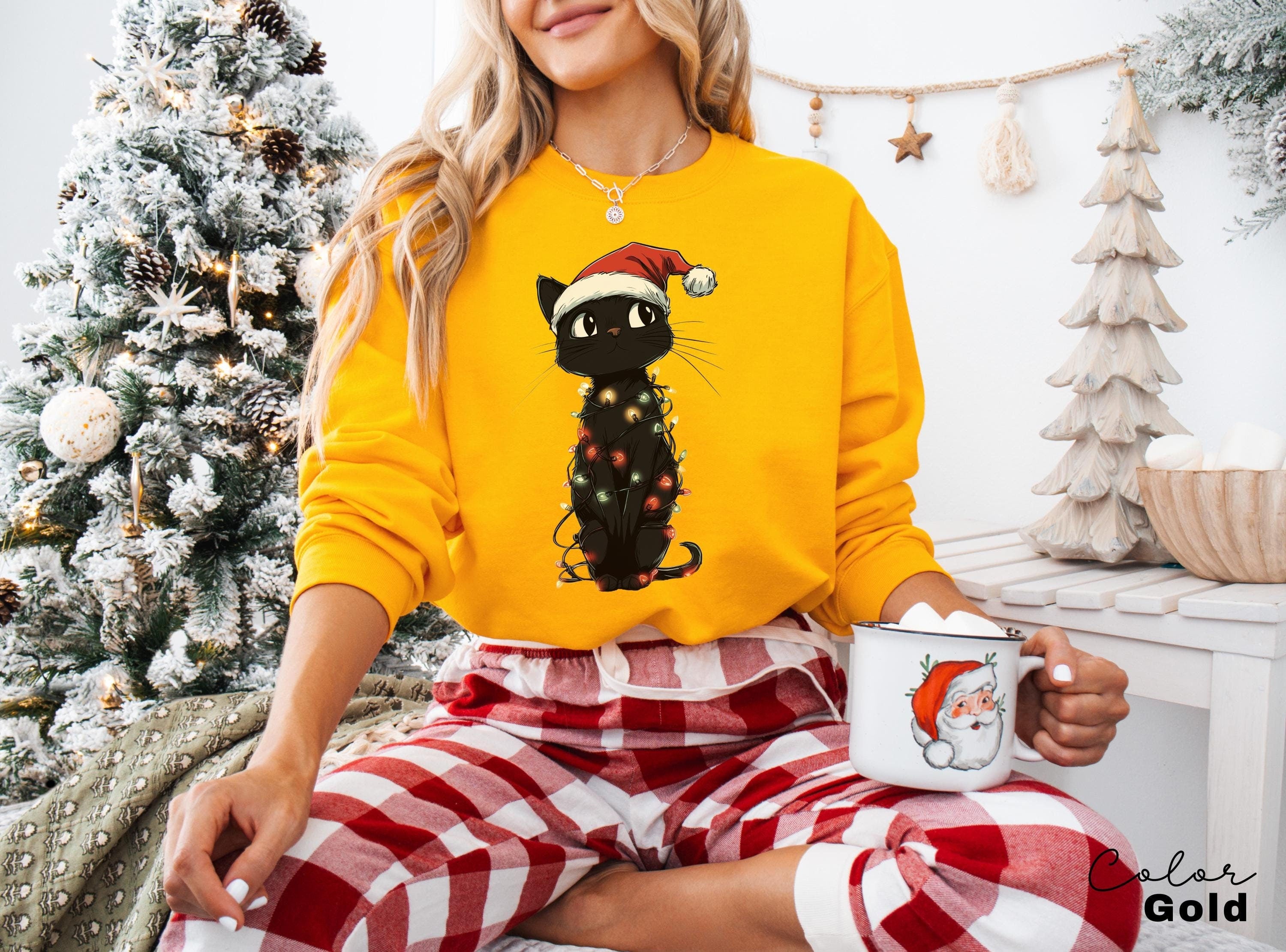 Black Cat Light Christmas Sweatshirt,Cat Christmas Hoodie, Christmas Cat Sweatshirt, Kitten Christmas Shirt, Cat Lover Gift, Cat Mom Sweater