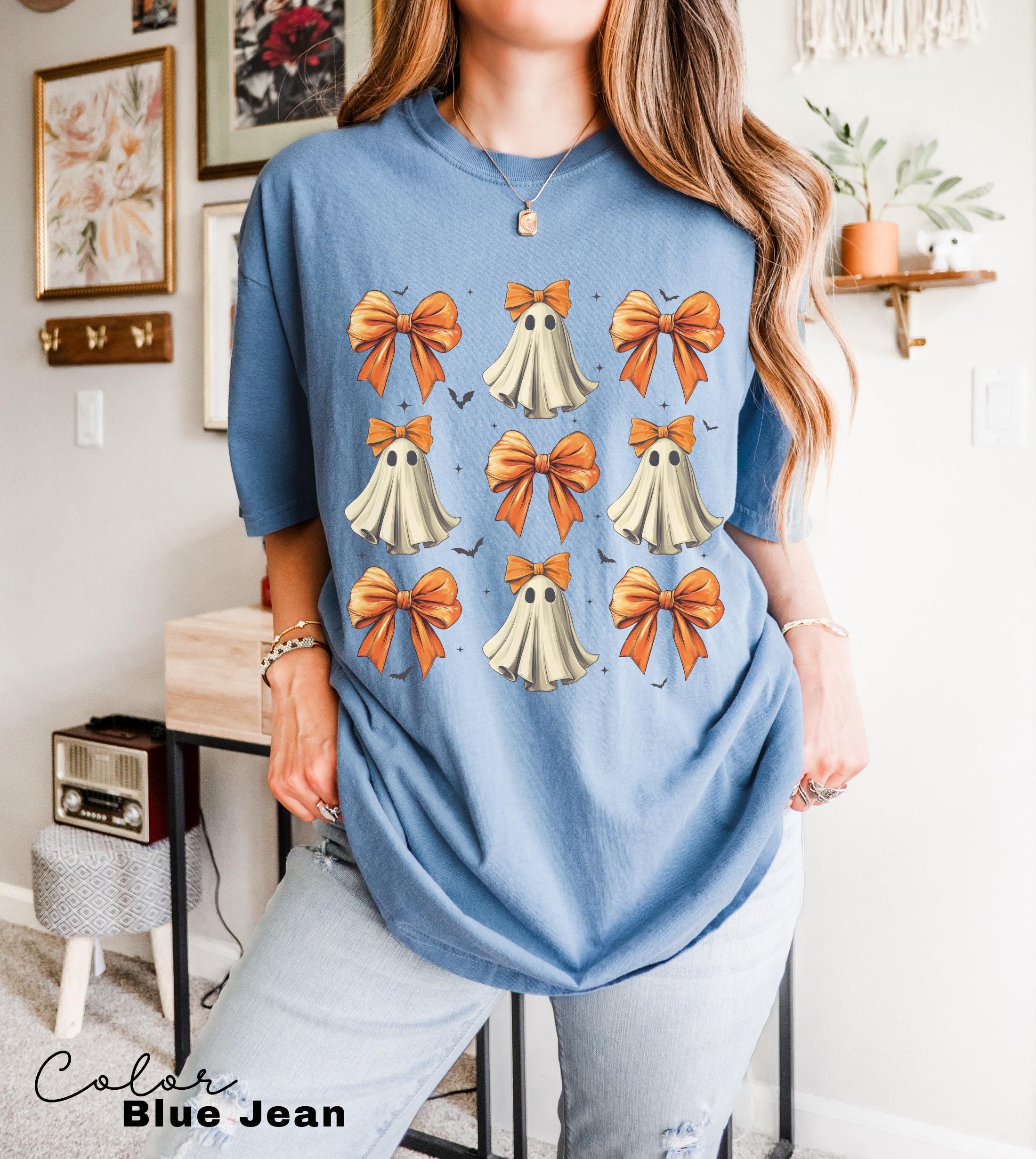 Coquette Halloween Shirt, Coquette Orange Bow Ghost Shirts, Cute Ghost Graphic Tee, Orange Coquette Halloween T-Shirt, Spooky Vibes Shirt