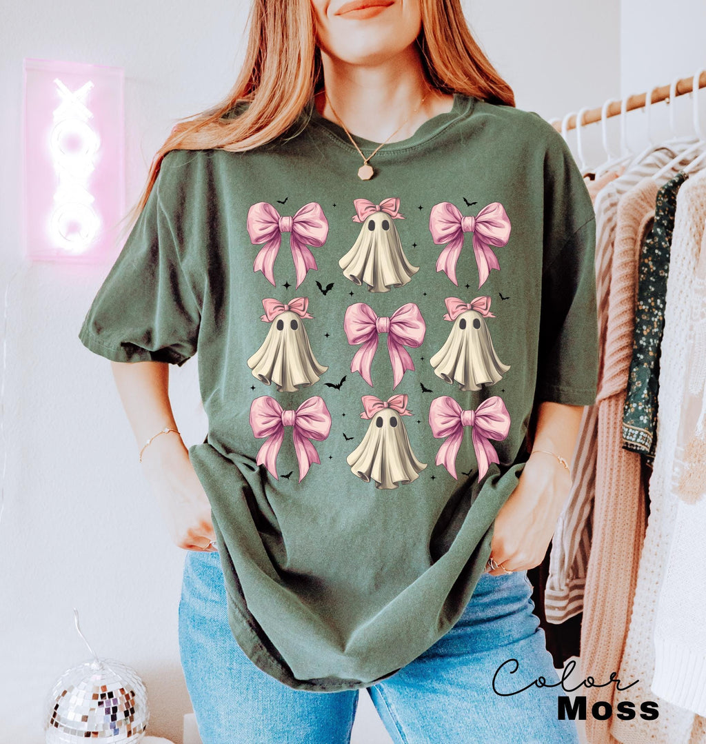 Coquette Halloween Shirt, Coquette Pink Bow Ghost Shirts, Cute Ghost Graphic Tee, Pink Coquette Halloween T-Shirt, Pink Spooky Vibes Shirts