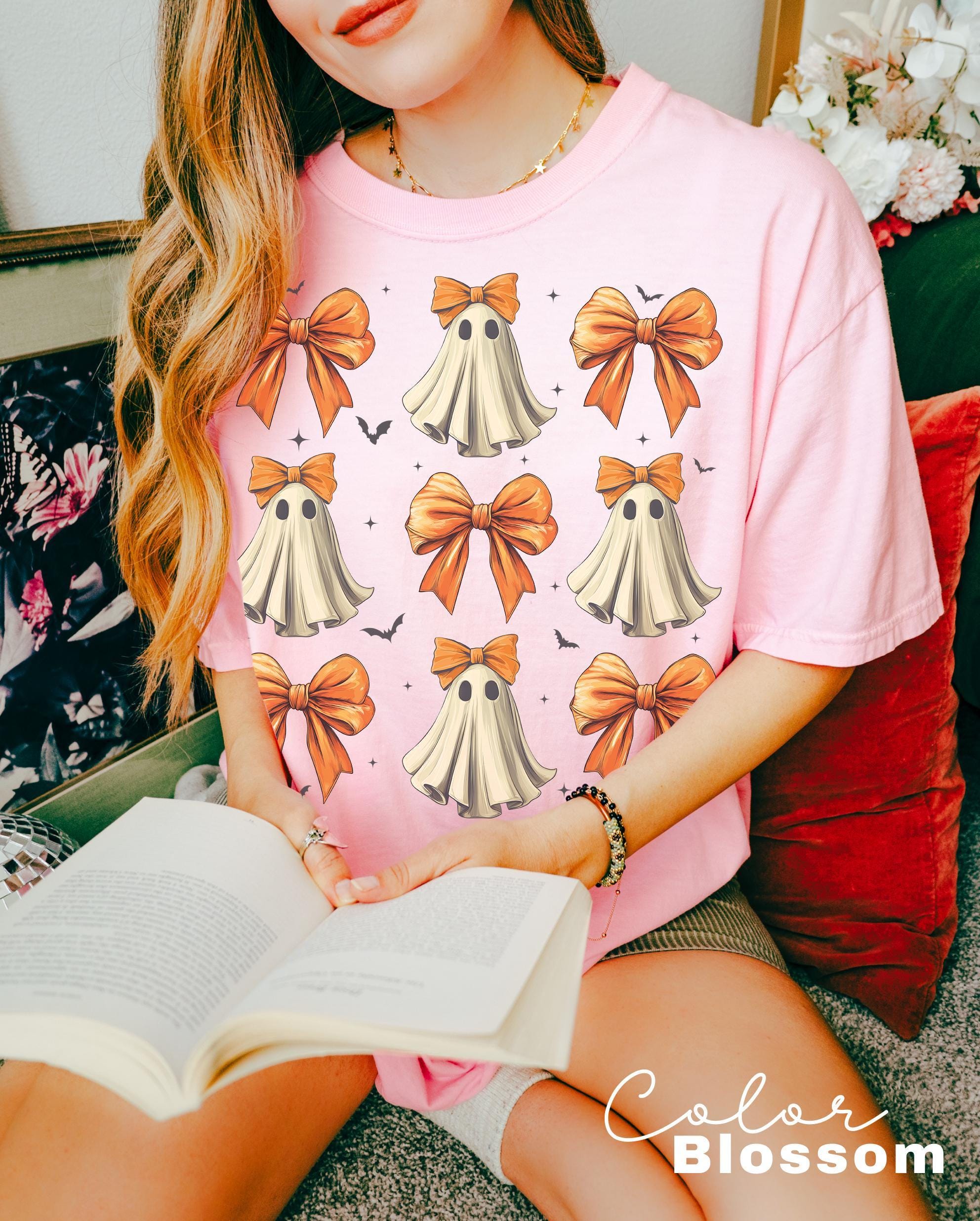 Coquette Halloween Shirt, Coquette Orange Bow Ghost Shirts, Cute Ghost Graphic Tee, Orange Coquette Halloween T-Shirt, Spooky Vibes Shirt
