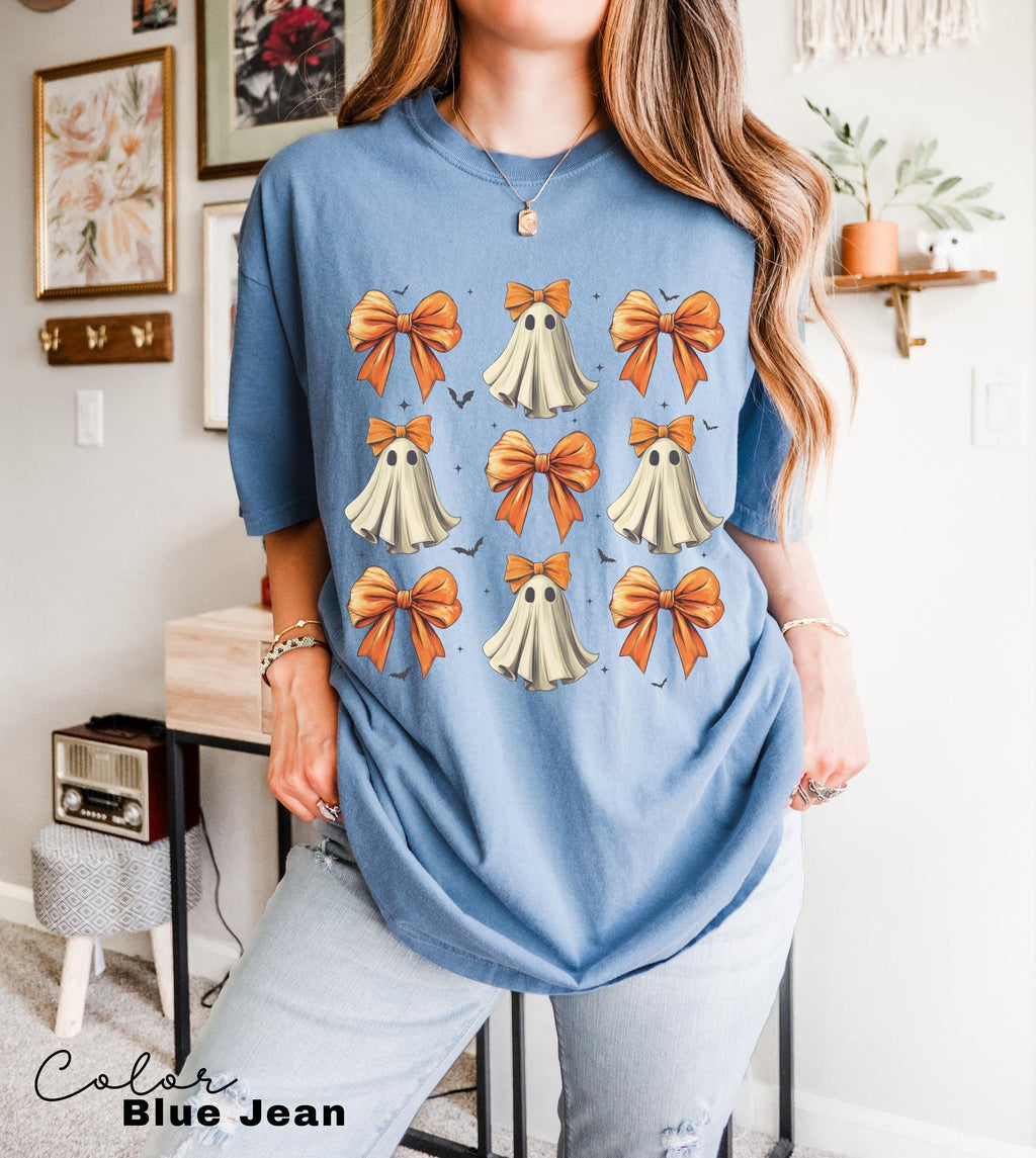 Coquette Halloween Shirt, Coquette Orange Bow Ghost Shirts, Cute Ghost Graphic Tee, Orange Coquette Halloween T-Shirt, Spooky Vibes Shirt