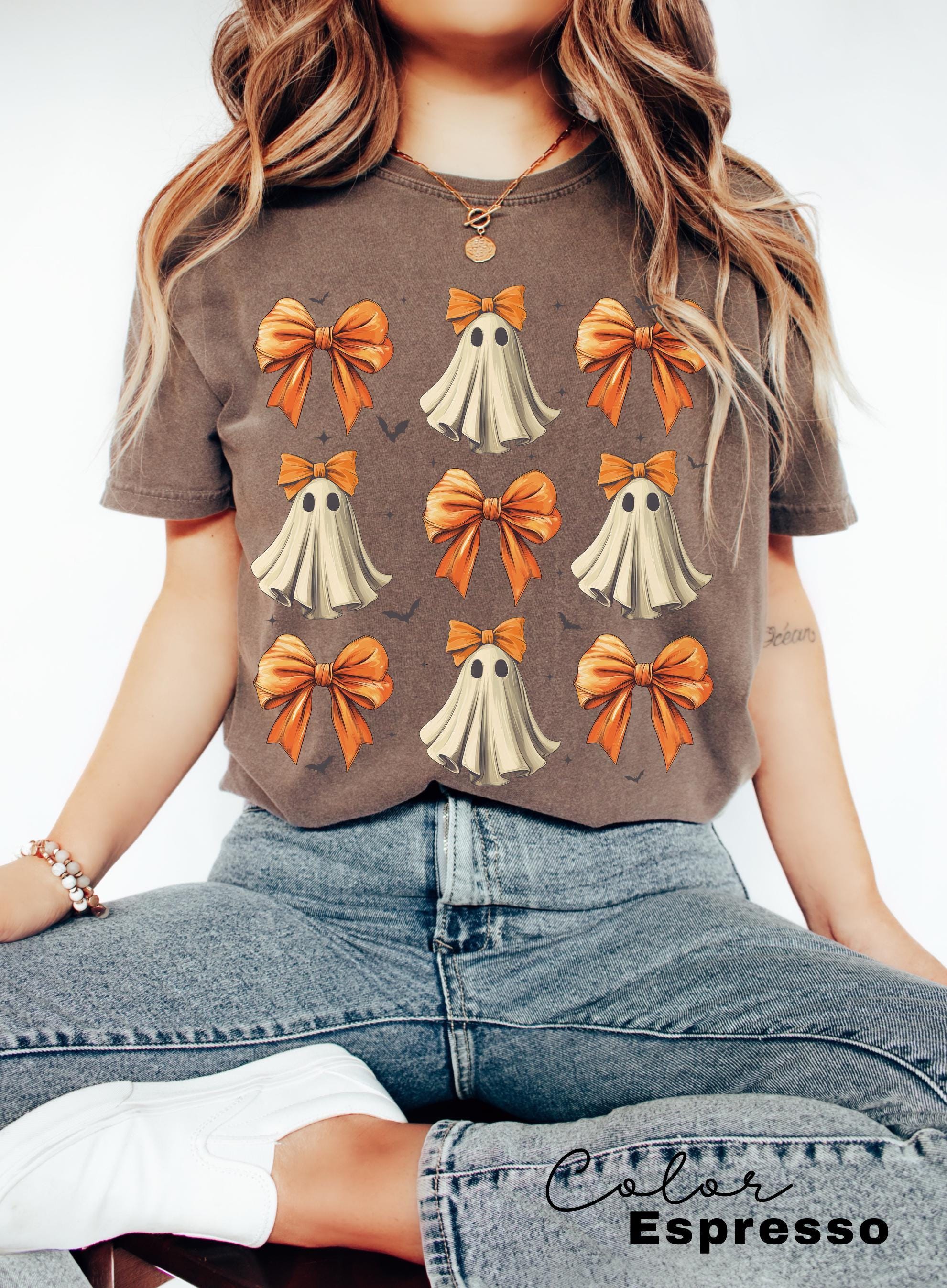 Coquette Halloween Shirt, Coquette Orange Bow Ghost Shirts, Cute Ghost Graphic Tee, Orange Coquette Halloween T-Shirt, Spooky Vibes Shirt