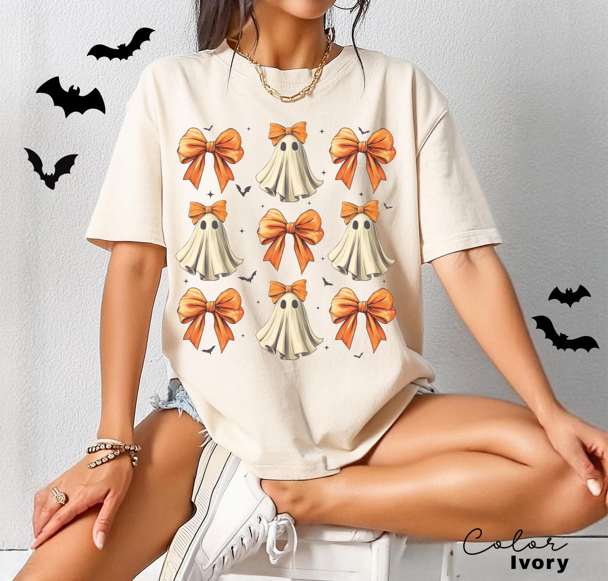 Coquette Halloween Shirt, Coquette Orange Bow Ghost Shirts, Cute Ghost Graphic Tee, Orange Coquette Halloween T-Shirt, Spooky Vibes Shirt