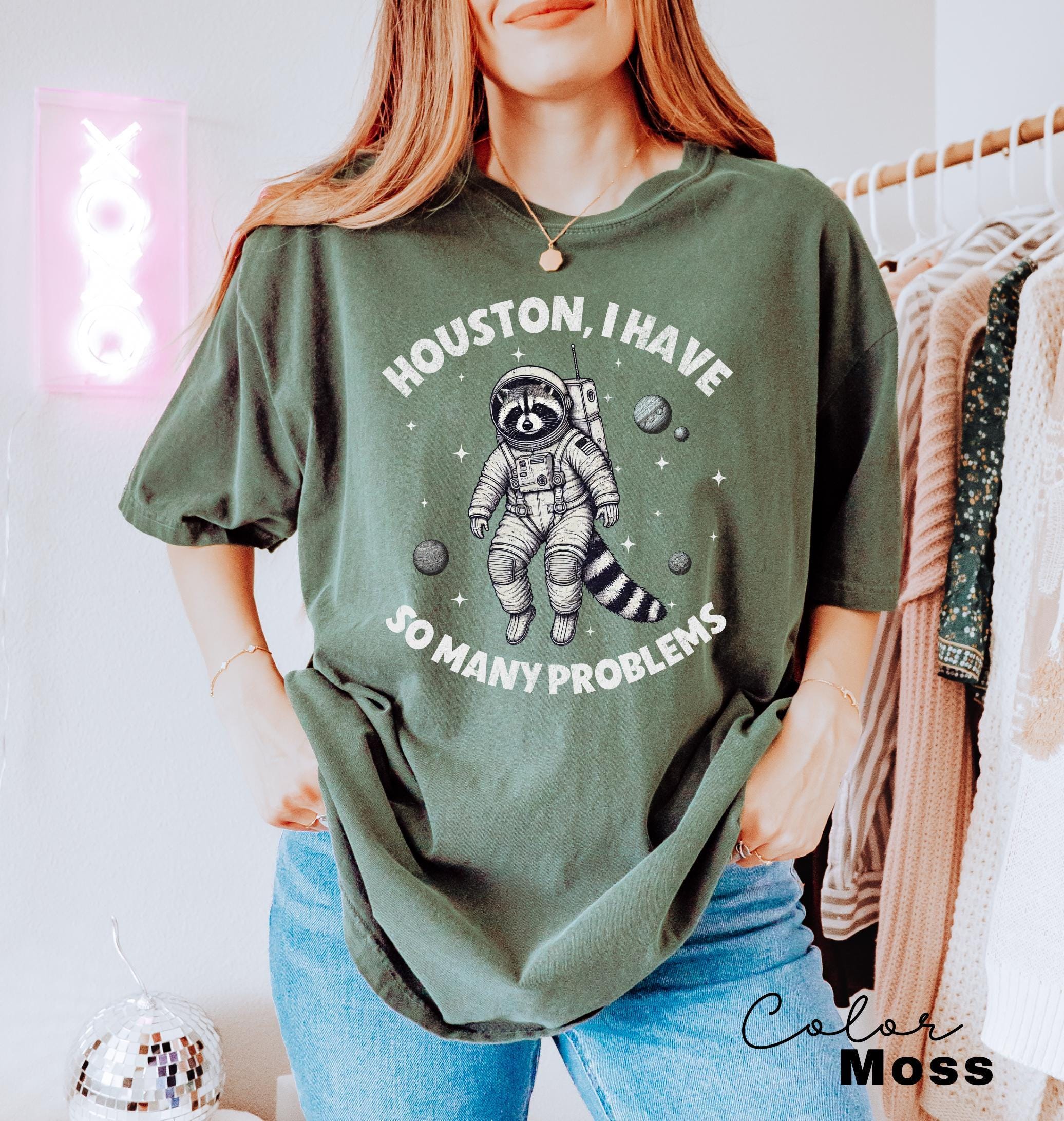 Houston I Have So Many Problems Shirt, Raccoon In Space Shirt, Retro Graphic Shirt, Funny Galaxy Graphic Shirt, Womens Meme Graphic Tees