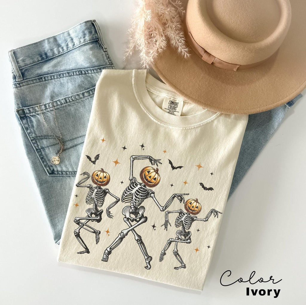 Dancing Skeleton Pumpkin Shirt, Retro Halloween Women's Shirt, Fall Halloween Party TShirt, Spooky Season Skeleton Tee, Dancing Halloween