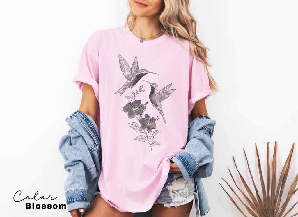 Comfort Colors® Cute Flower Hummingbird Shirt, Nature Lovers Tee, Trendy Women Gift, Cottagecore Birds and Flowers Shirt, Bird Watcher Gift