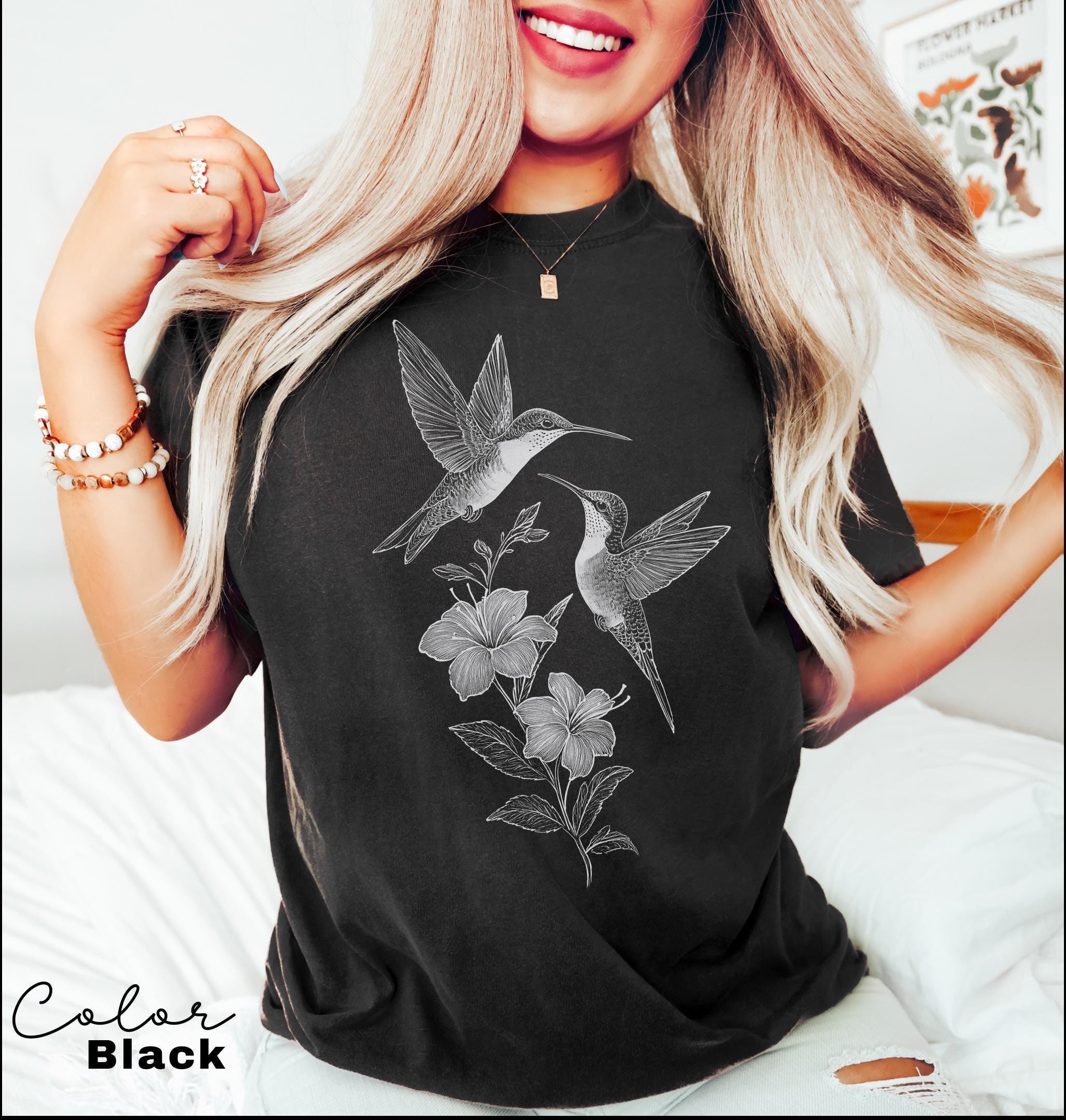 Comfort Colors® Cute Flower Hummingbird Shirt, Nature Lovers Tee, Trendy Women Gift, Cottagecore Birds and Flowers Shirt, Bird Watcher Gift