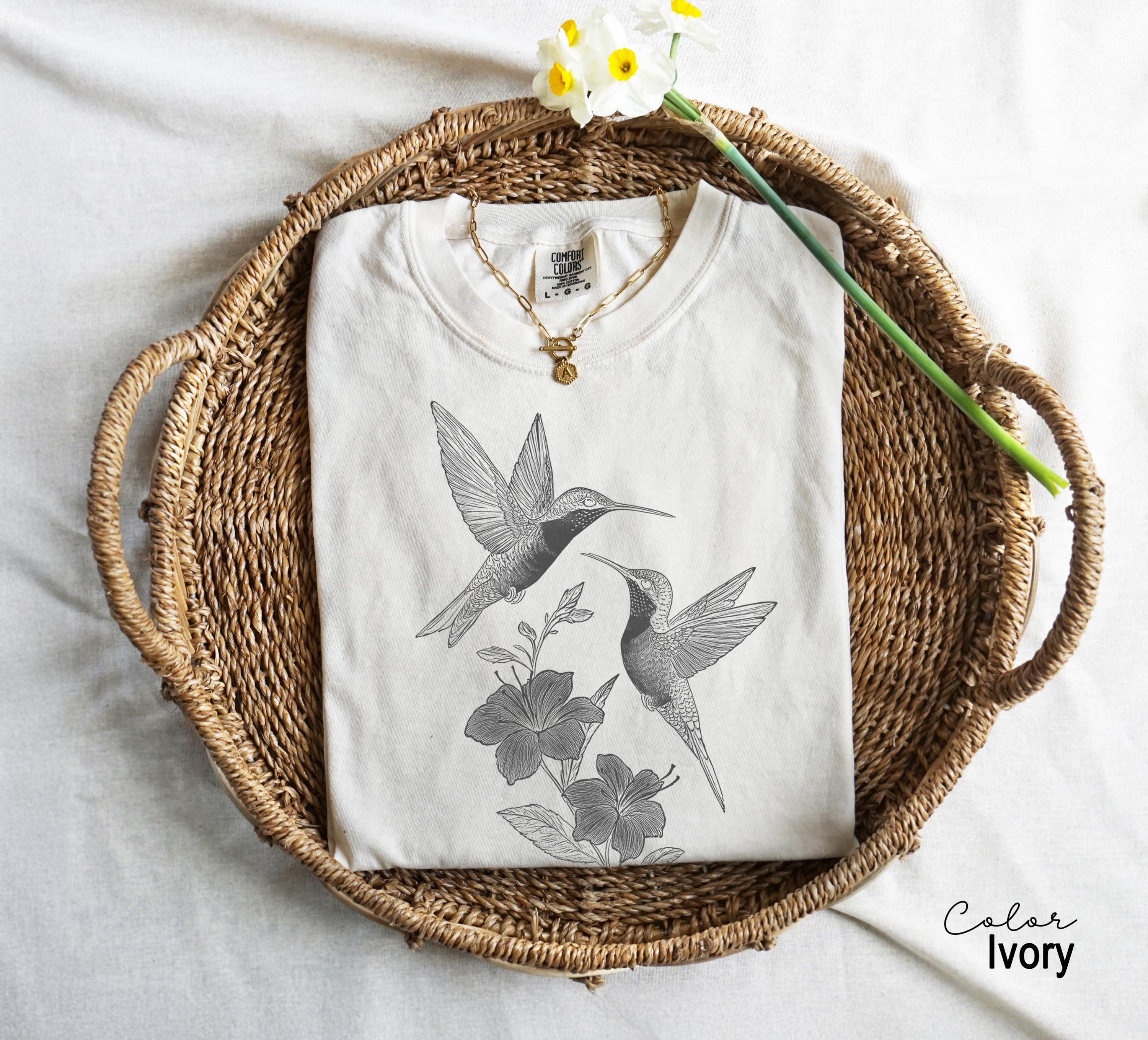 Comfort Colors® Cute Flower Hummingbird Shirt, Nature Lovers Tee, Trendy Women Gift, Cottagecore Birds and Flowers Shirt, Bird Watcher Gift
