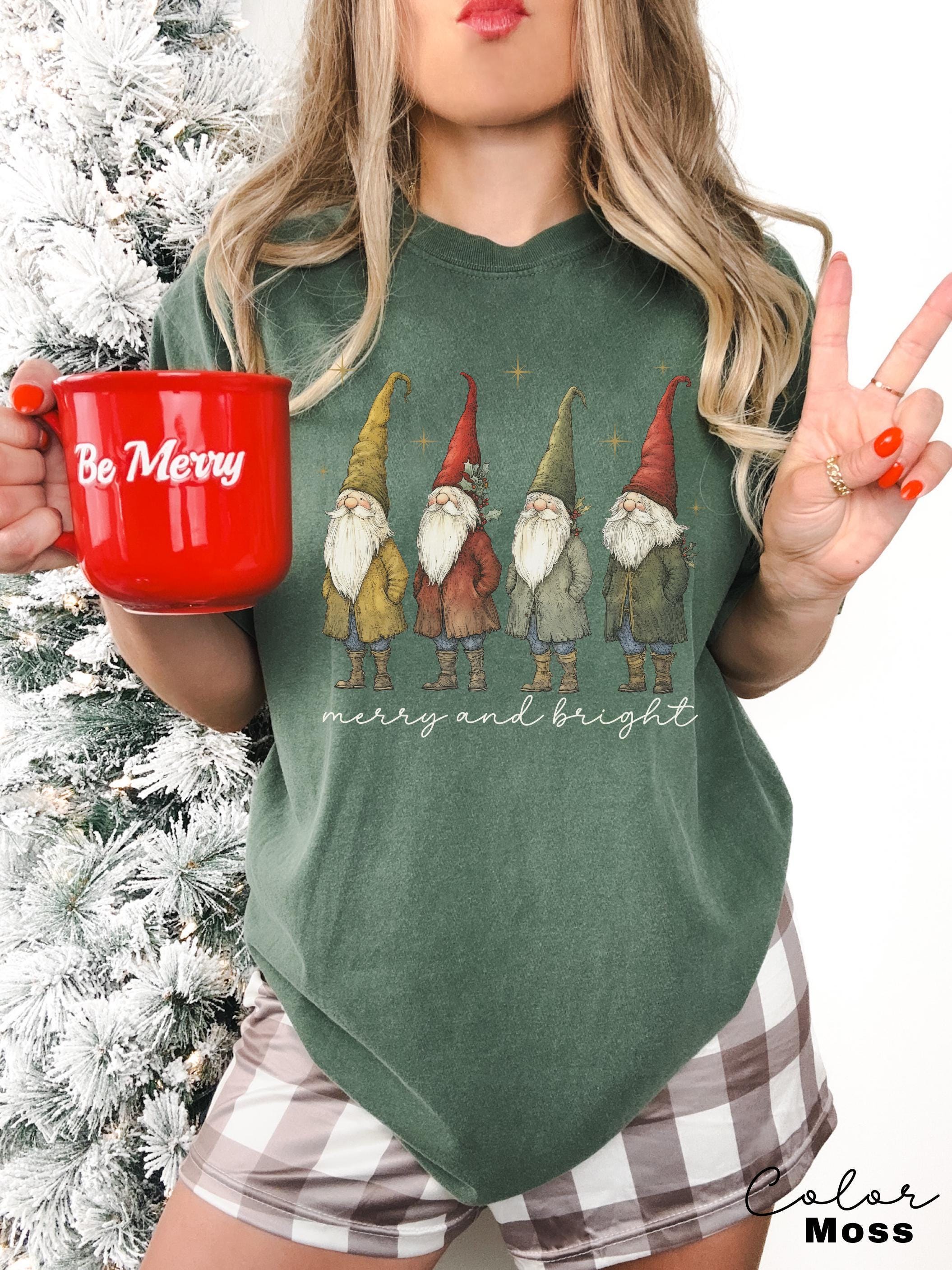 Gnome Christmas Shirt, Merry and Bright Christmas Shirt, Womans Holiday Shirt, Christmas Gift, Chic Winter Shirt, Gnome Retro Christmas