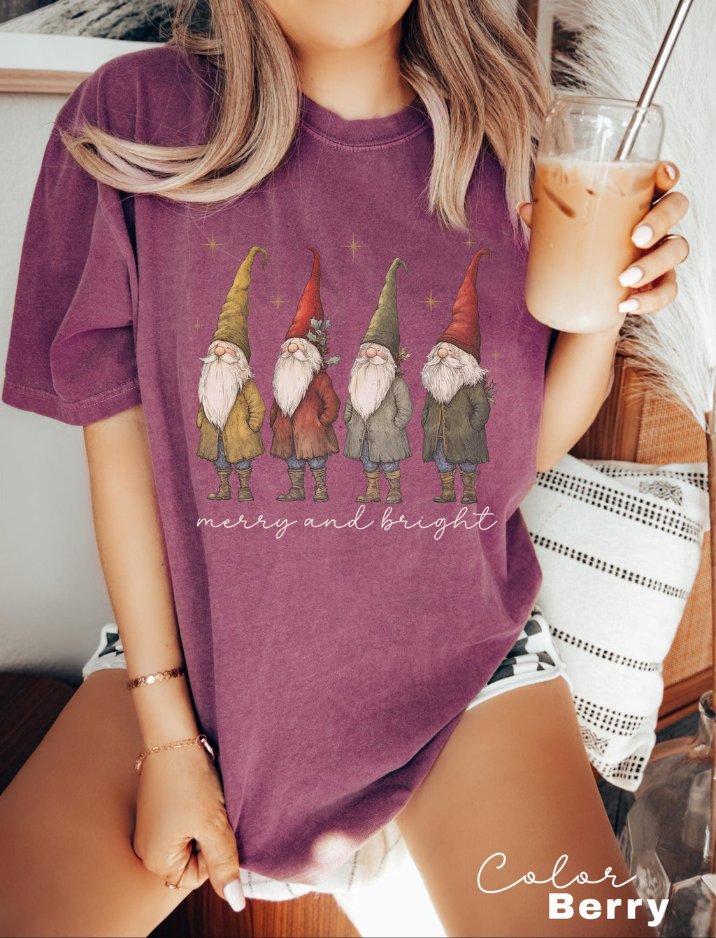 Gnome Christmas Shirt, Merry and Bright Christmas Shirt, Womans Holiday Shirt, Christmas Gift, Chic Winter Shirt, Gnome Retro Christmas