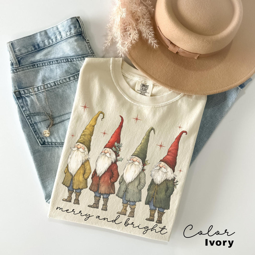 Gnome Christmas Shirt, Merry and Bright Christmas Shirt, Womans Holiday Shirt, Christmas Gift, Chic Winter Shirt, Gnome Retro Christmas