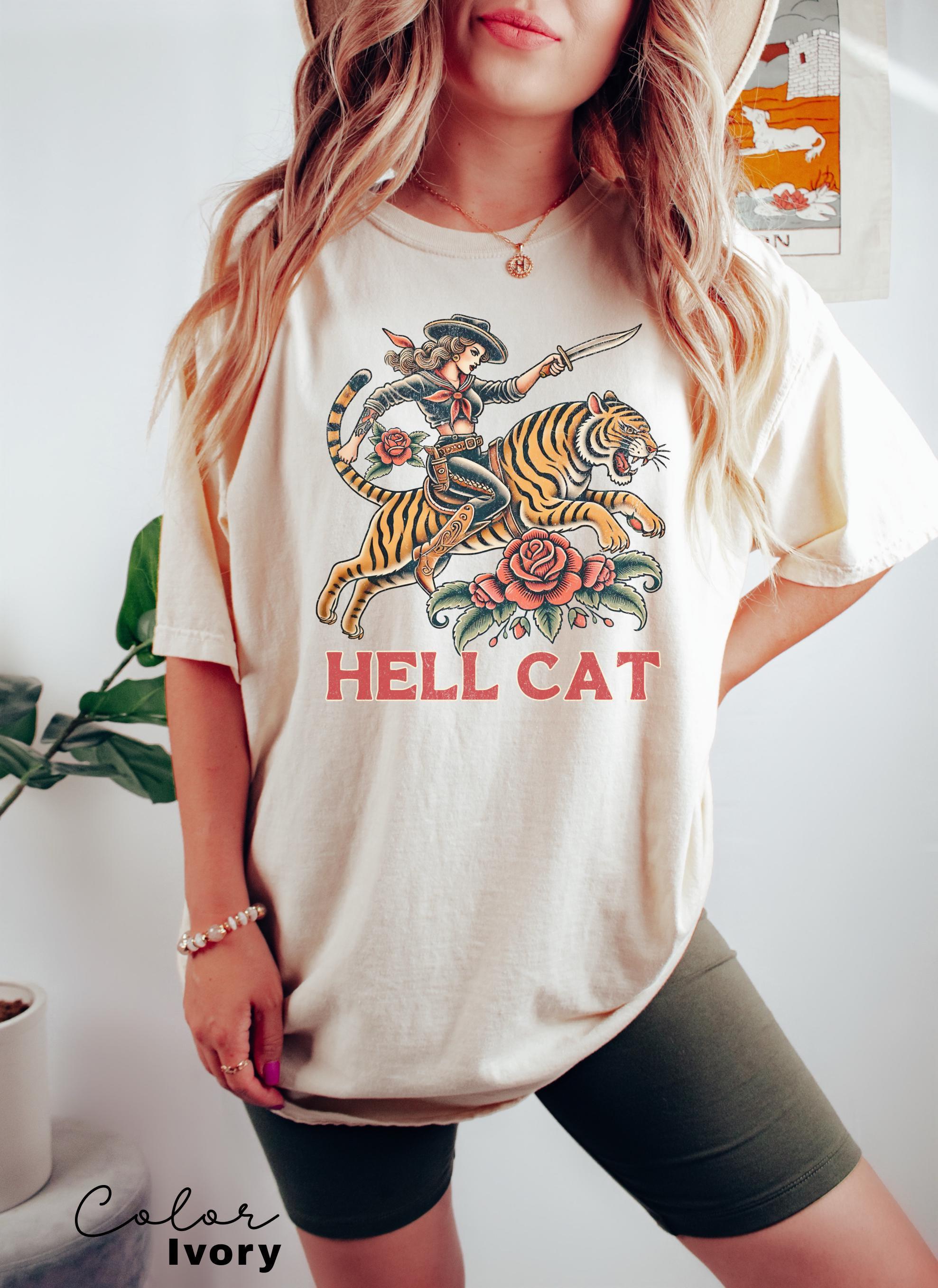 Retro Cowgirl Hell Cat T-Shirt, Retro Cowgirl Western Shirt, Aesthetic Tee, Tiger Shirt, Retro Rodeo Shirt, Country Western, Gift for Her,