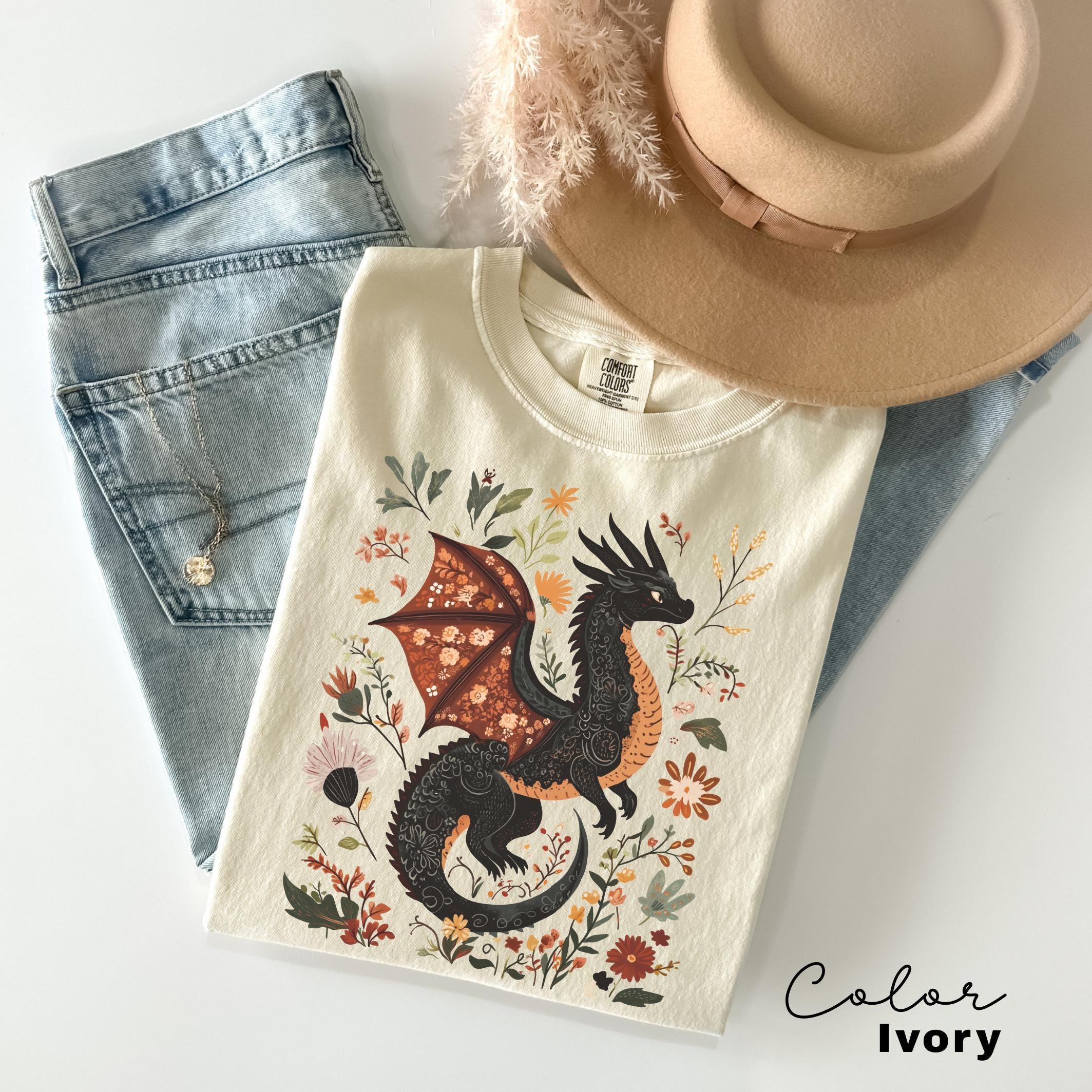 Dragon Shirt, Book Lover, Fantasy Reader, Bookworm Shirt,Bookish Shirt, Bookworm Shirt, Book Club Gift, Boho Wildflower Cottagecore T-Shirt