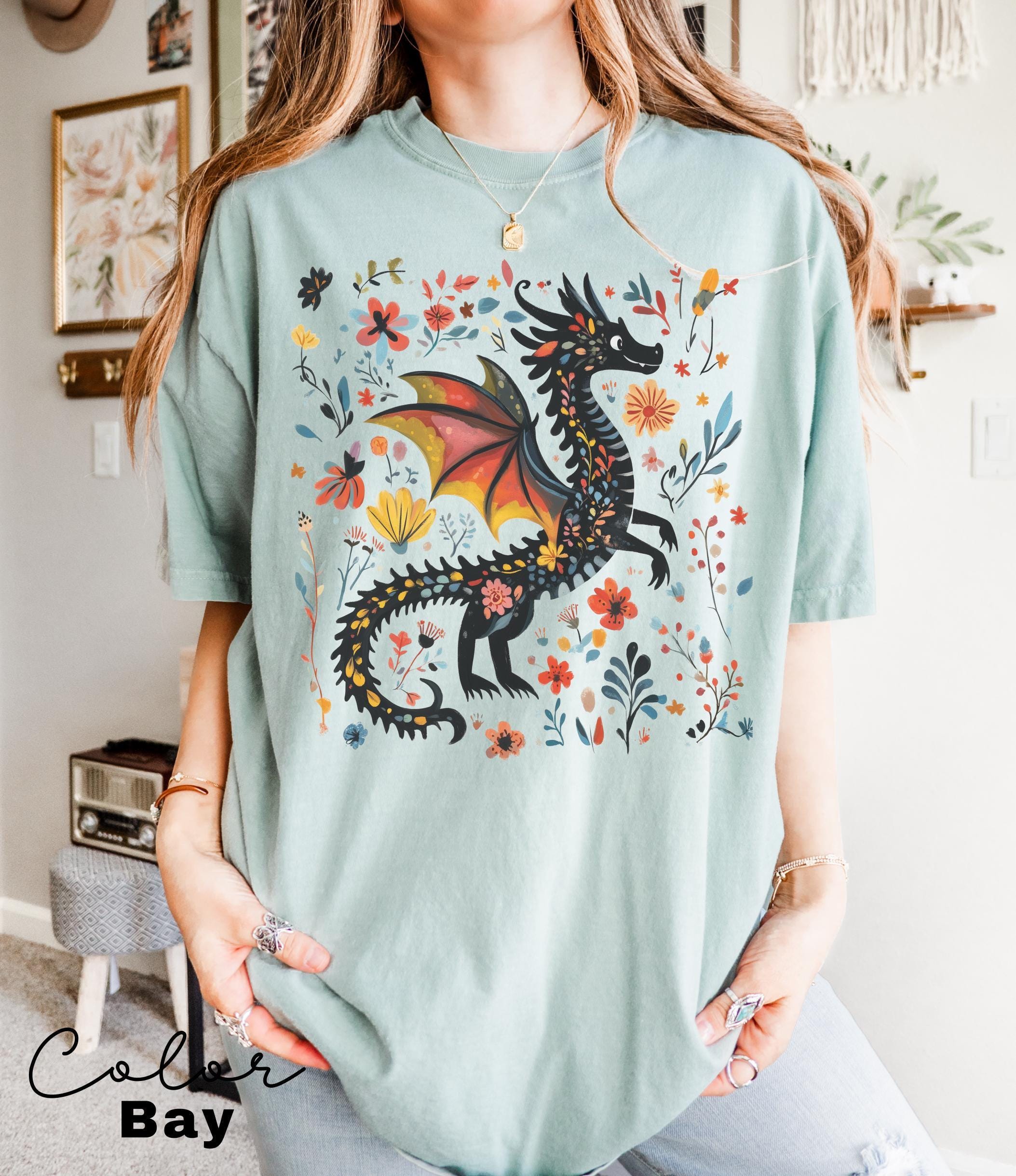 Dragon Shirt, Book Lover, Fantasy Reader, Bookworm Shirt,Bookish Shirt, Bookworm Shirt, Book Club Gift, Boho Wildflower Cottagecore T-Shirt