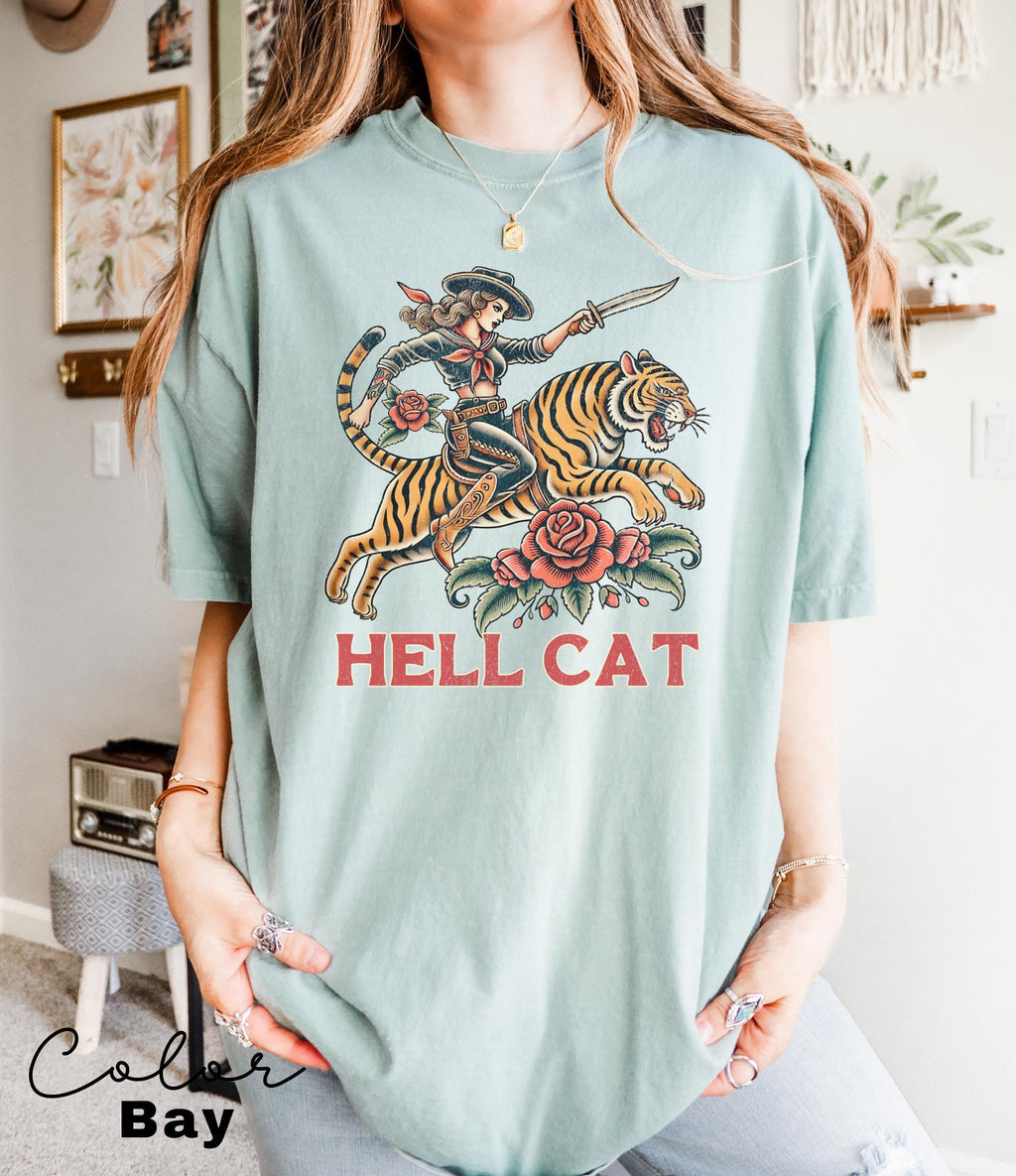 Retro Cowgirl Hell Cat T-Shirt, Retro Cowgirl Western Shirt, Aesthetic Tee, Tiger Shirt, Retro Rodeo Shirt, Country Western, Gift for Her,