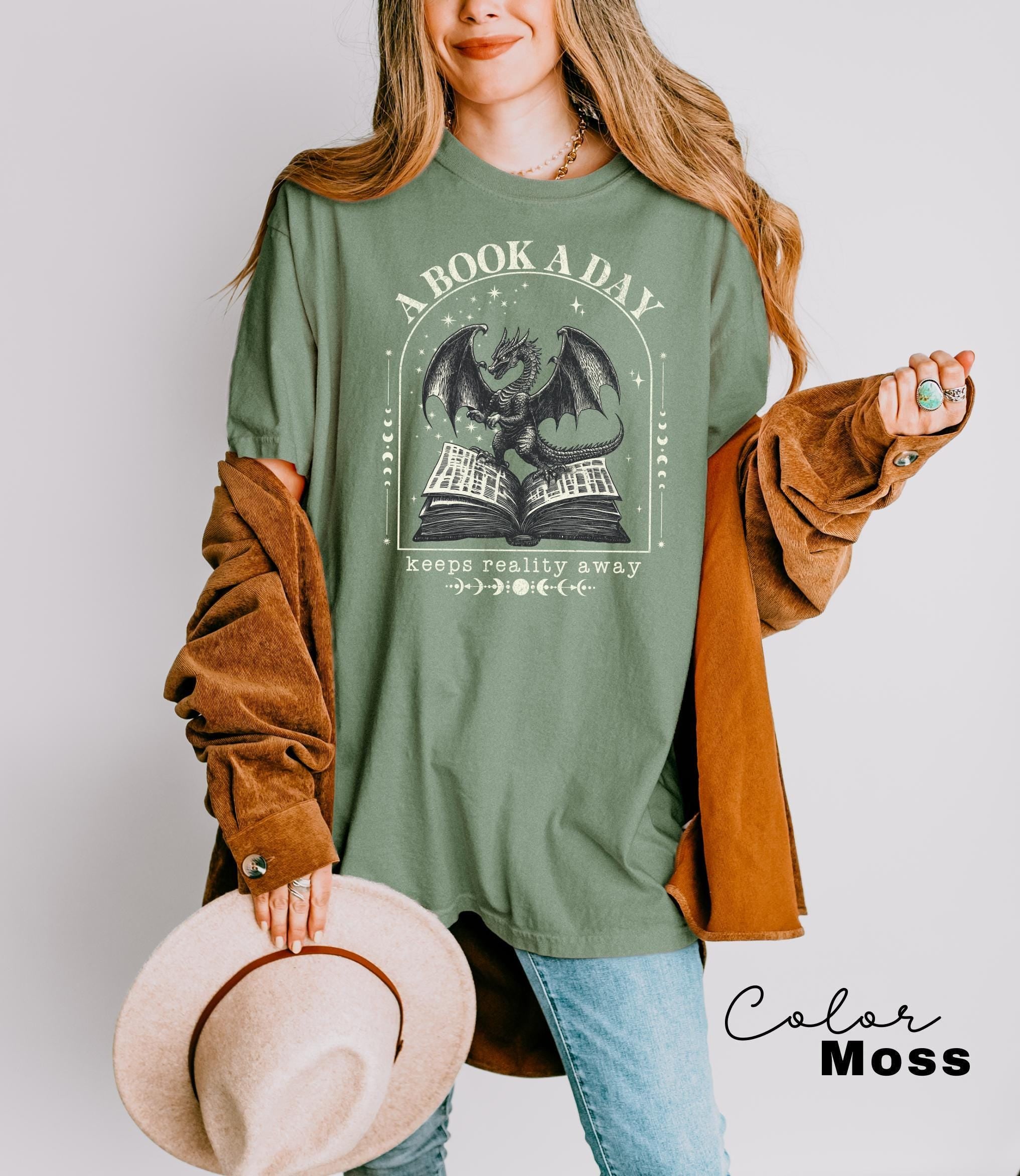 A Book a Day Dragon Sweater, Comfort Colors® Bookish T-Shirt, Book Club Shirt, Fantasy Book Merch T-Shirt, Gift for Reader, Dragon Lover