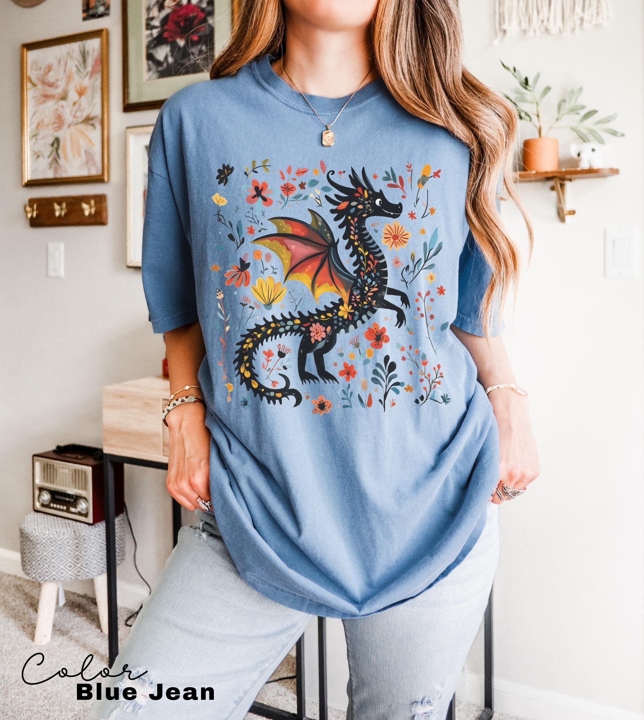 Dragon Shirt, Book Lover, Fantasy Reader, Bookworm Shirt,Bookish Shirt, Bookworm Shirt, Book Club Gift, Boho Wildflower Cottagecore T-Shirt