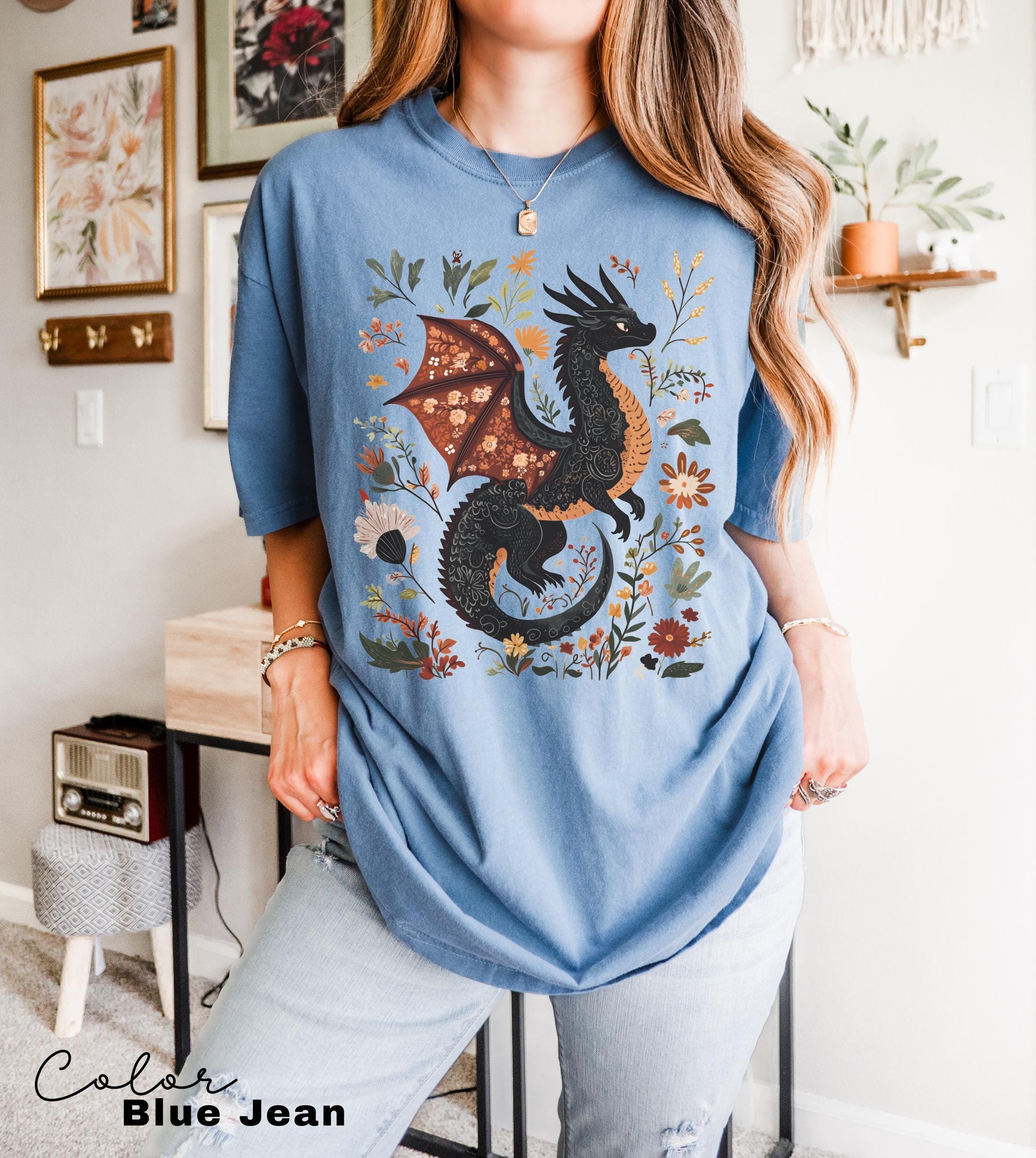 Dragon Shirt, Book Lover, Fantasy Reader, Bookworm Shirt,Bookish Shirt, Bookworm Shirt, Book Club Gift, Boho Wildflower Cottagecore T-Shirt