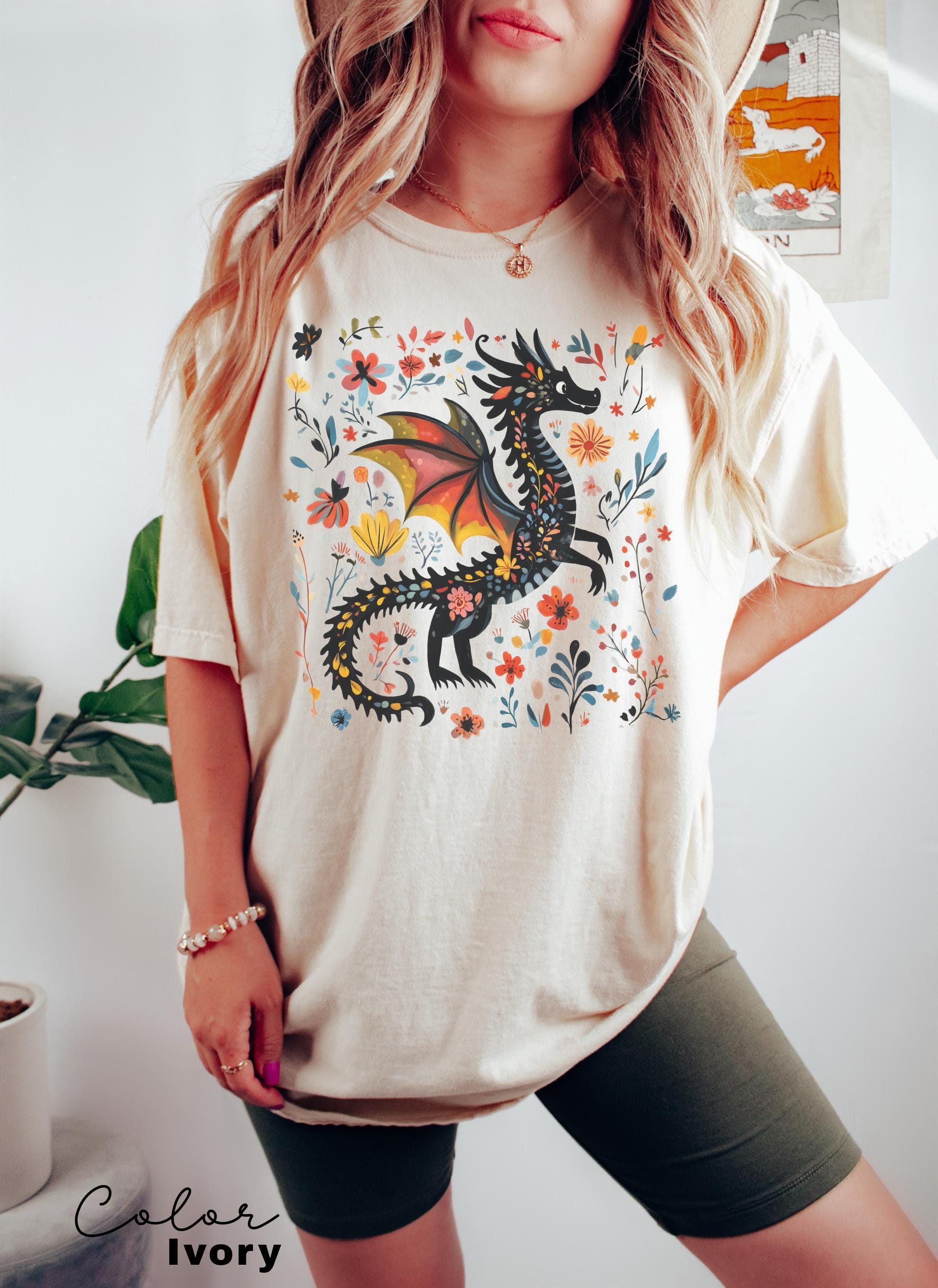 Dragon Shirt, Book Lover, Fantasy Reader, Bookworm Shirt,Bookish Shirt, Bookworm Shirt, Book Club Gift, Boho Wildflower Cottagecore T-Shirt