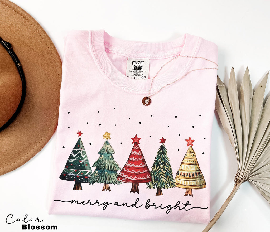 Merry and Bright Trees, Women's Christmas Shirt, Womans Holiday Shirt,Christmas Gift,Chic Winter Shirt,Cute Holiday Tee,Christmas Tree Shirt