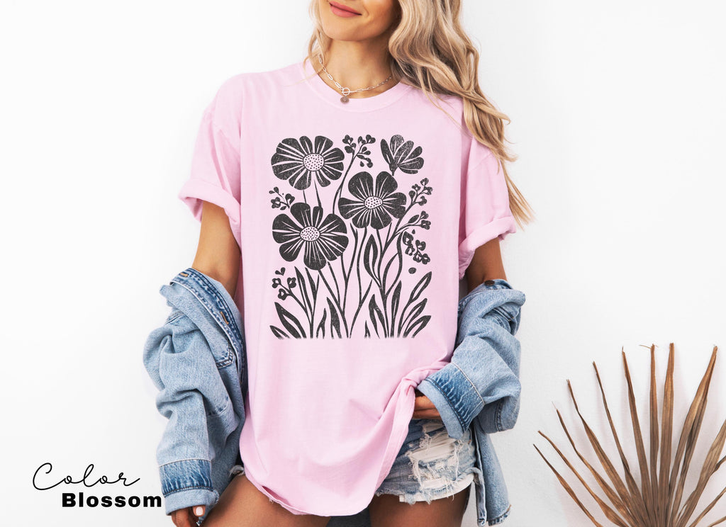 Boho Wildflowers, Flowers Shirt, Womens Graphic Tee, Floral Shirt, Nature Lover Gift, Botanical Shirt, Garment Dyed, Cottagecore Shirt