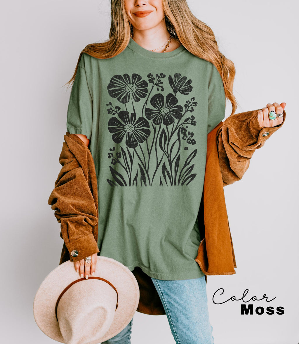 Boho Wildflowers, Flowers Shirt, Womens Graphic Tee, Floral Shirt, Nature Lover Gift, Botanical Shirt, Garment Dyed, Cottagecore Shirt