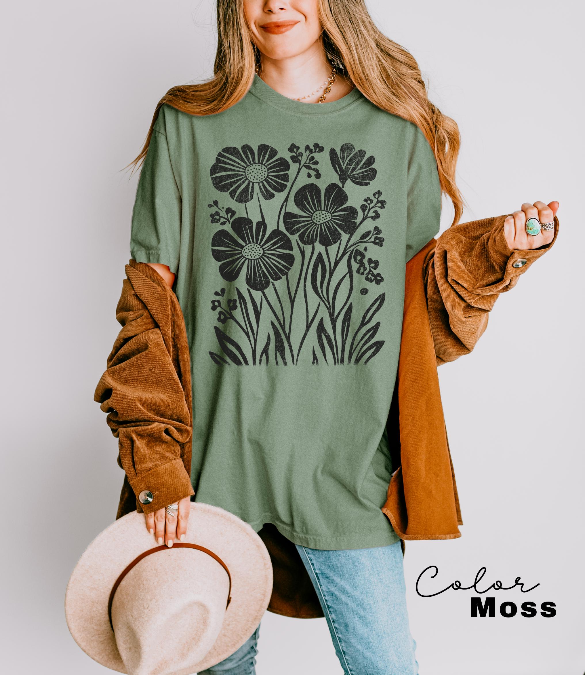 Boho Wildflowers, Flowers Shirt, Womens Graphic Tee, Floral Shirt, Nature Lover Gift, Botanical Shirt, Garment Dyed, Cottagecore Shirt