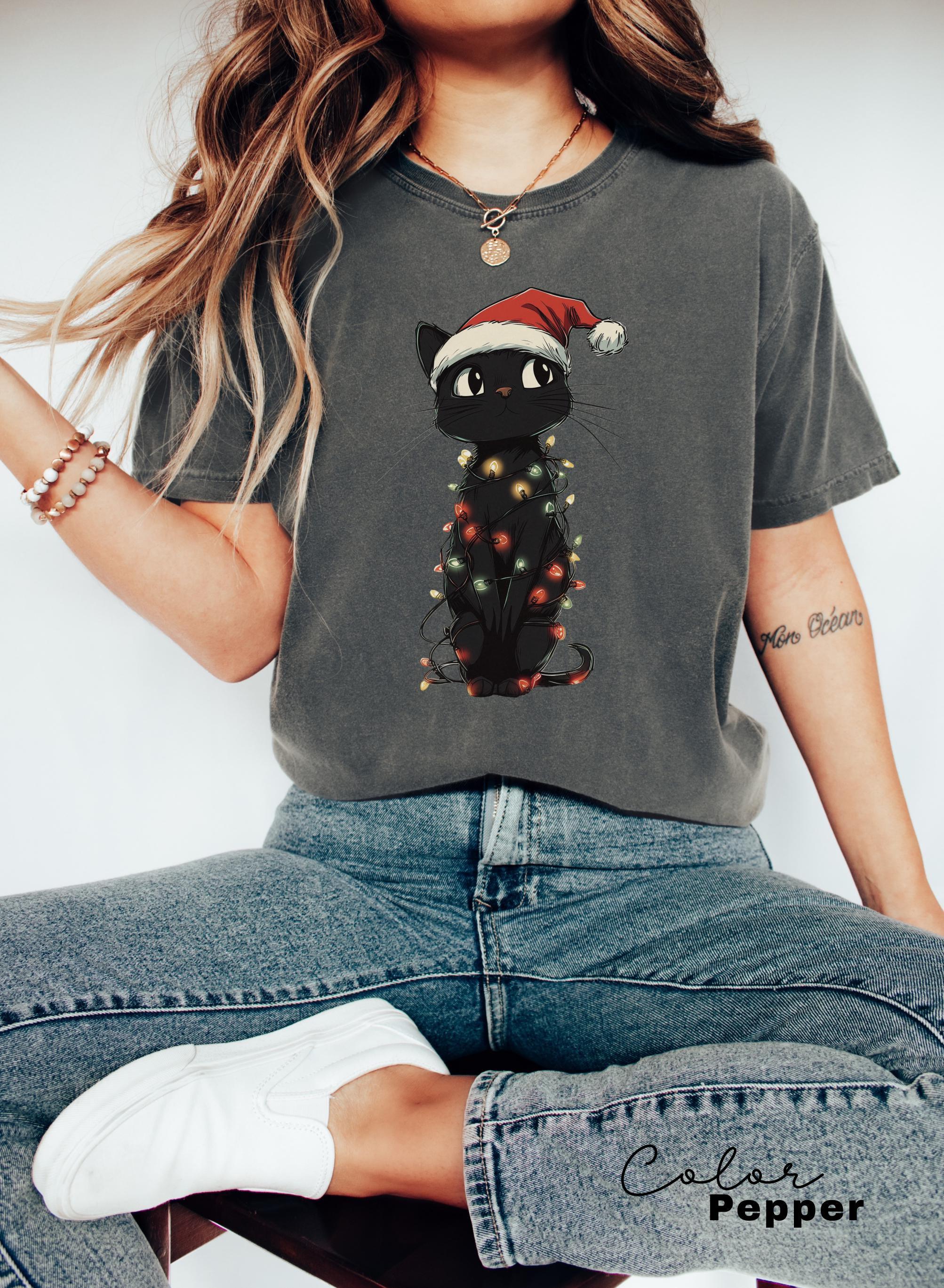 Black Cat Light Christmas Shirt,Cat Christmas T-Shirt, Christmas Cat , Cat Owner Gift, Cat Lover, Cat Mom Christmas Kitten, Cat Lights