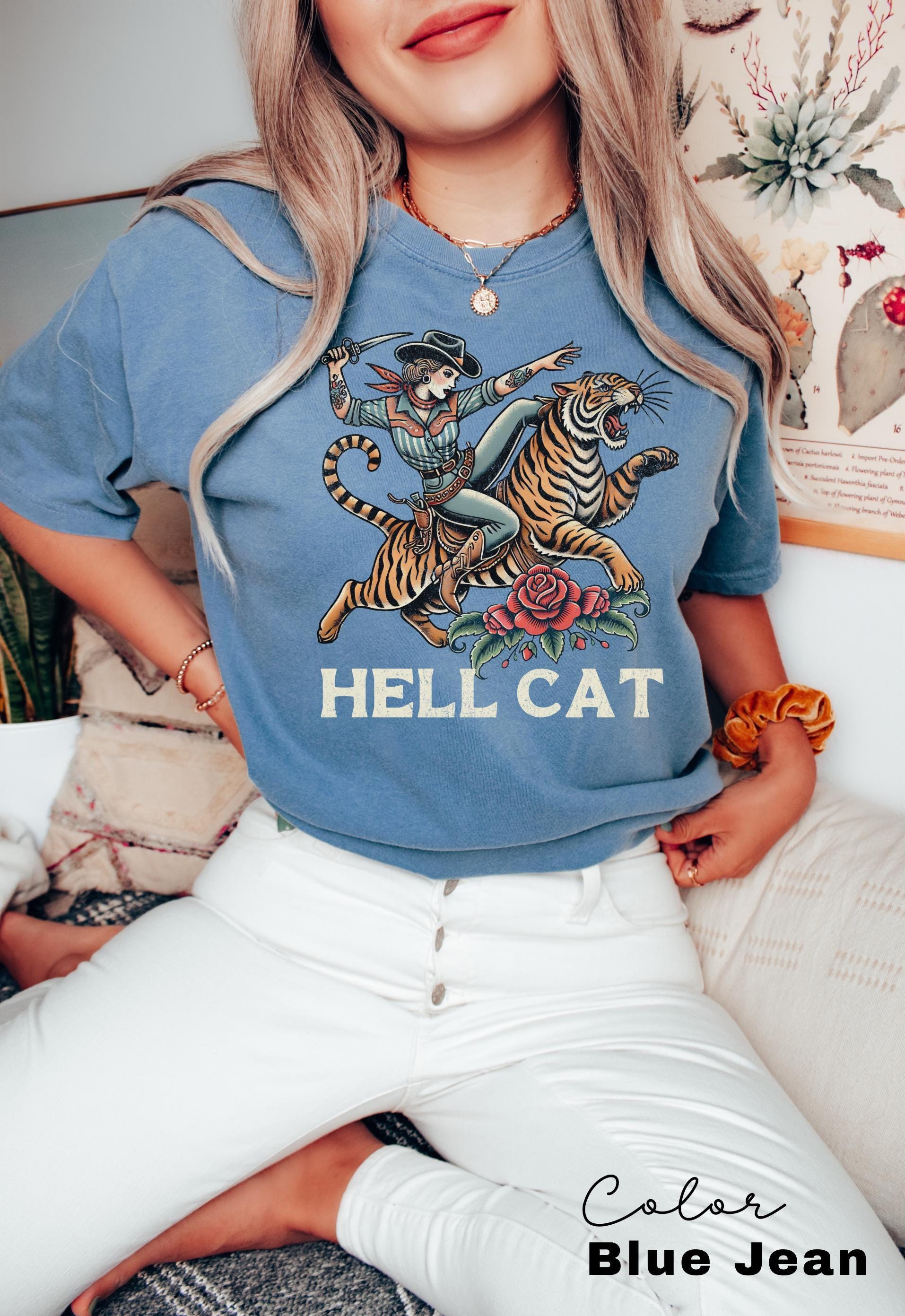 Retro Cowgirl Hell Cat T-Shirt, Retro Cowgirl Western Shirt, Aesthetic Tee, Tiger Shirt, Retro Rodeo Shirt, Country Western, Gift for Her,