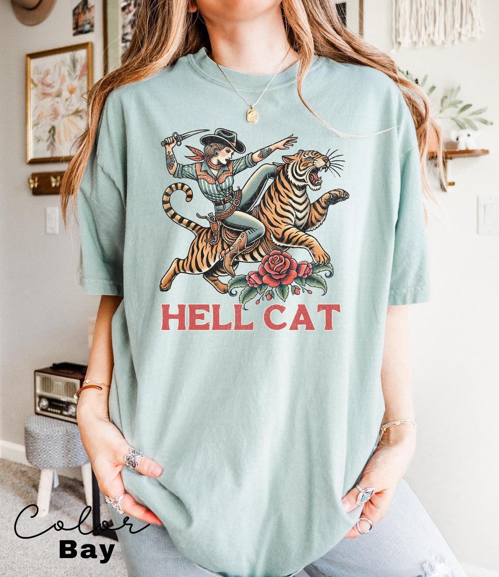 Retro Cowgirl Hell Cat T-Shirt, Retro Cowgirl Western Shirt, Aesthetic Tee, Tiger Shirt, Retro Rodeo Shirt, Country Western, Gift for Her,